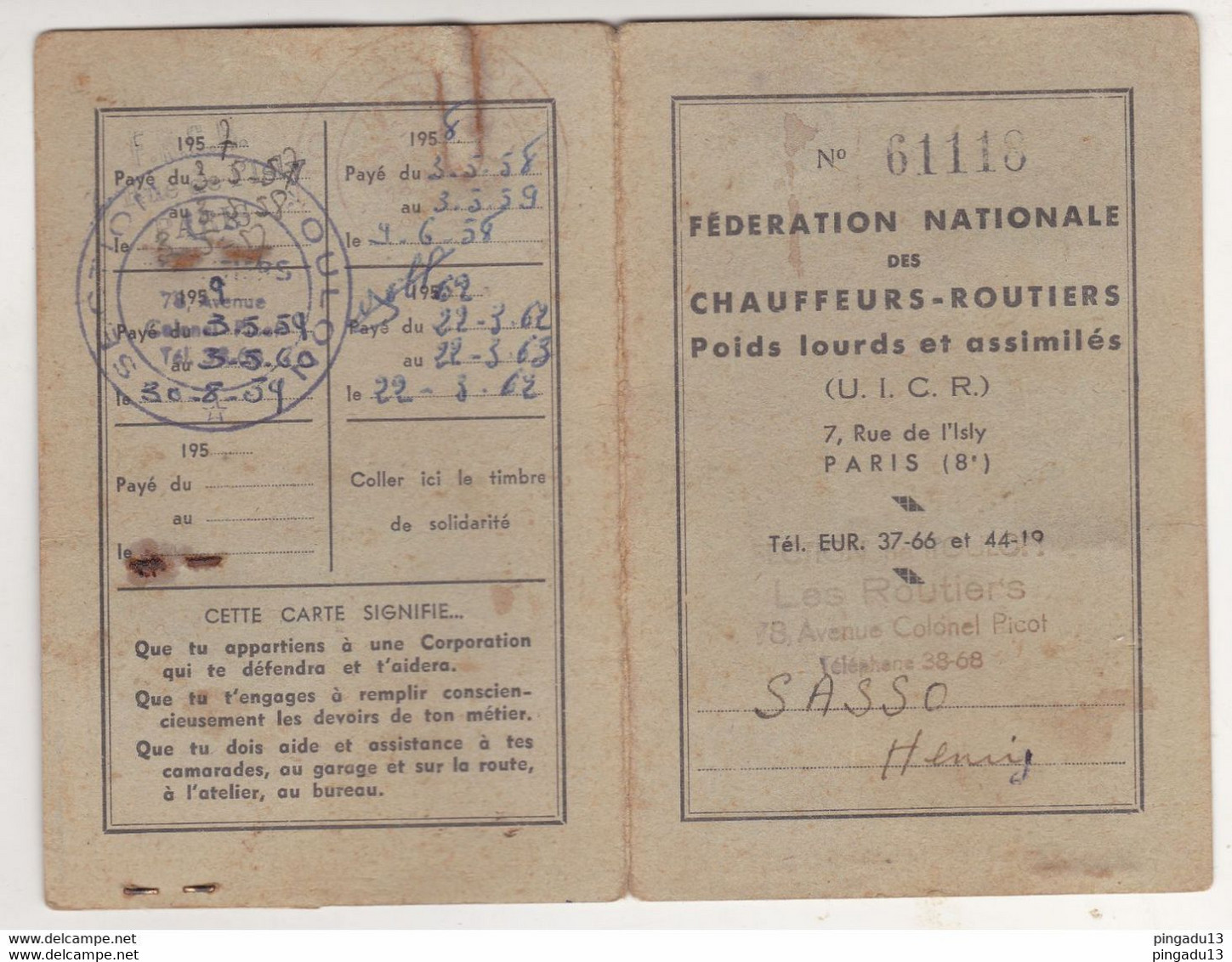 Au Plus Rapide Carte D'identité Et Attestation Assurance S.. Henry Chauffeur Routier Poids Lourds Camion - Automobili