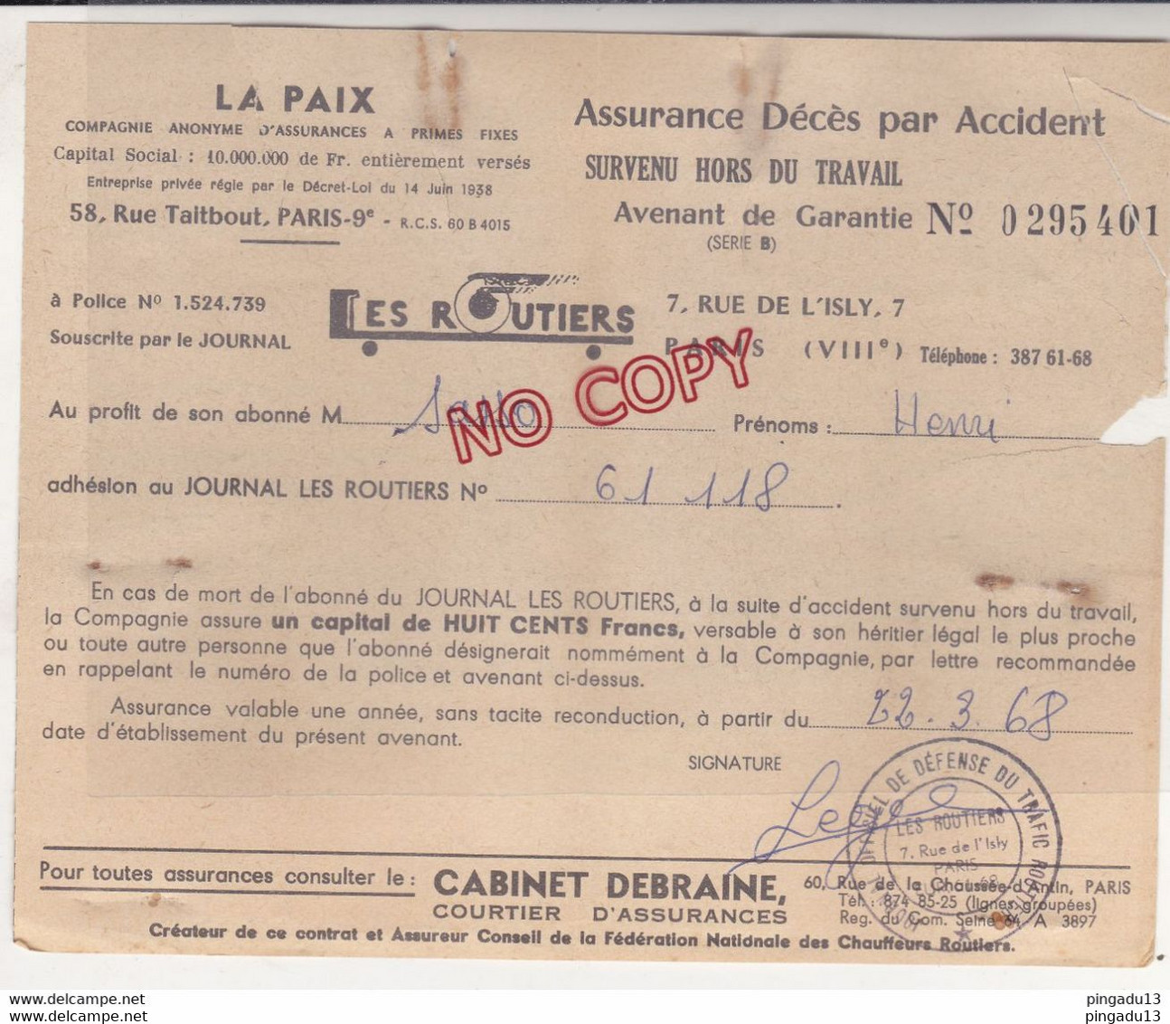 Au Plus Rapide Carte D'identité Et Attestation Assurance S.. Henry Chauffeur Routier Poids Lourds Camion - Automobili