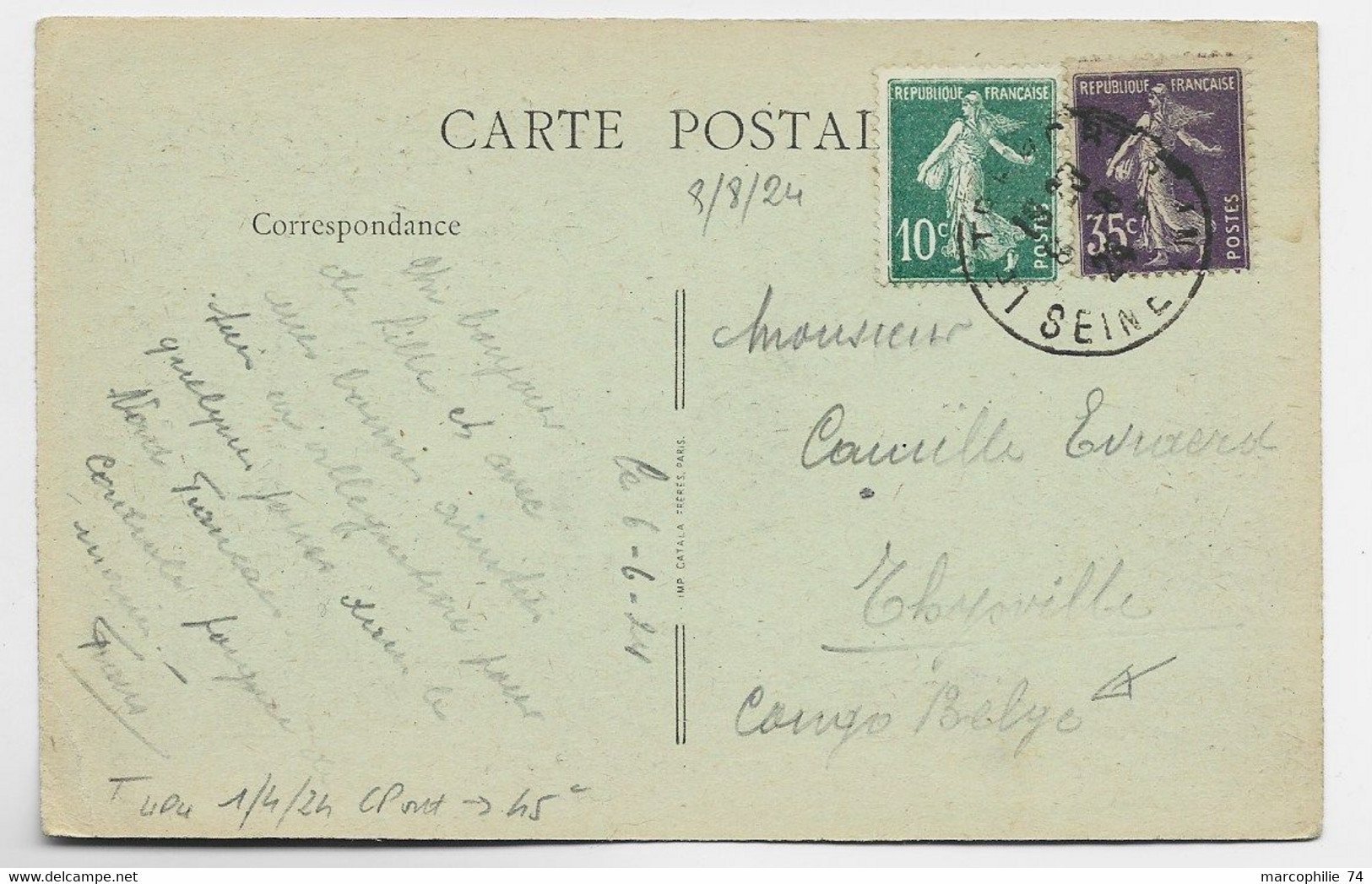 SEMEUSE 35C VIOLET +10C VERT CARTE LE TREPORT 6.6.1924 POUR CONGO BELGE AU TARIF - 1906-38 Sower - Cameo