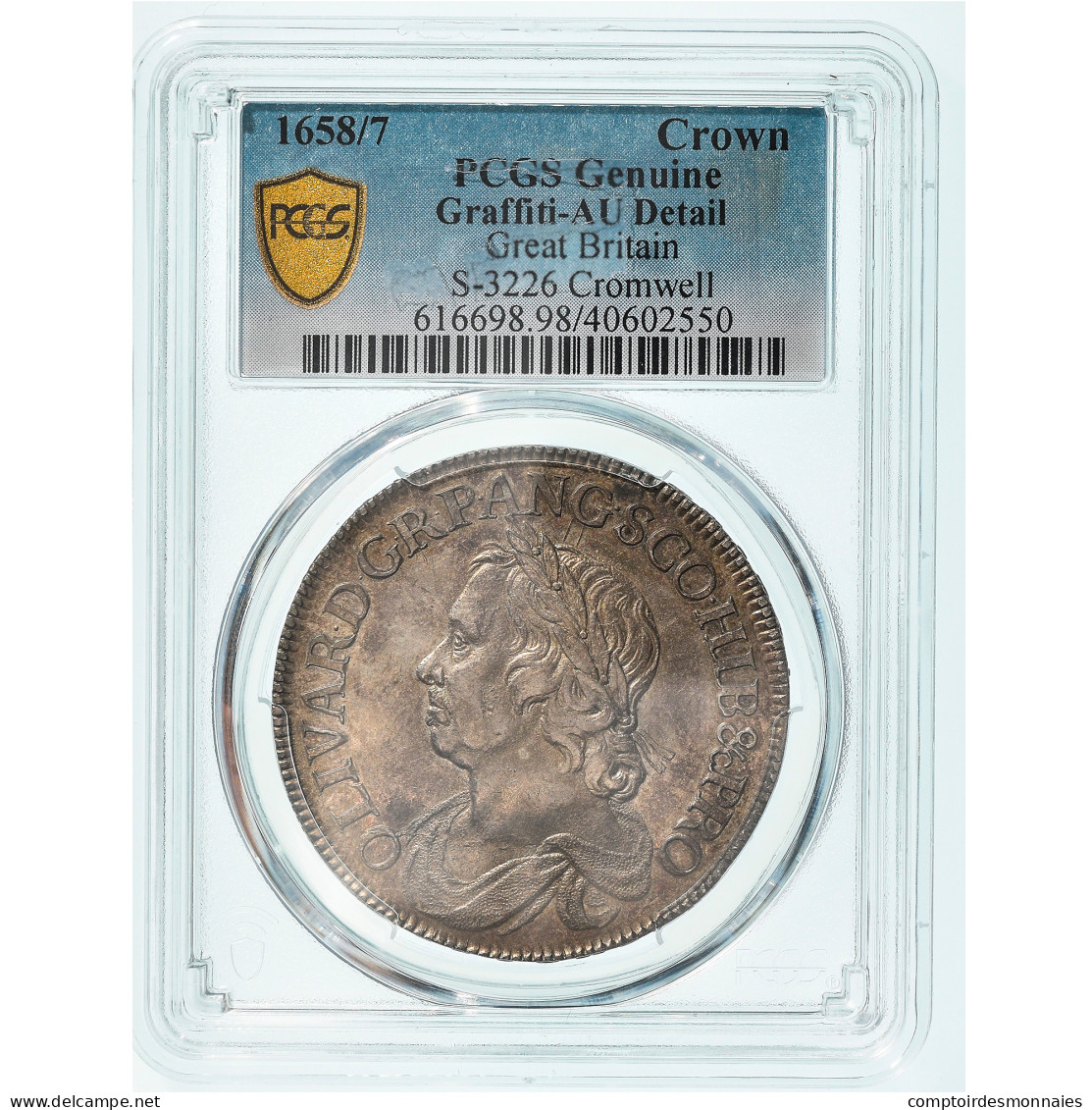 Grande-Bretagne, Cromwell, Crown, 1658/7, Londres, Argent, PCGS, AU Details - 1485-1662: Tudor/Stuart