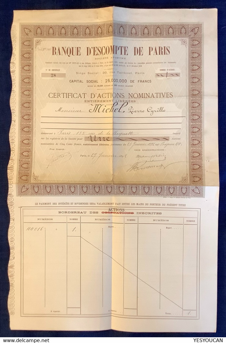 BANQUE D‘ ESCOMPTE DE PARIS ACTION NOMINATIVE 1892 (stock Share Bond Actions Obligations Bank France - Bank & Versicherung