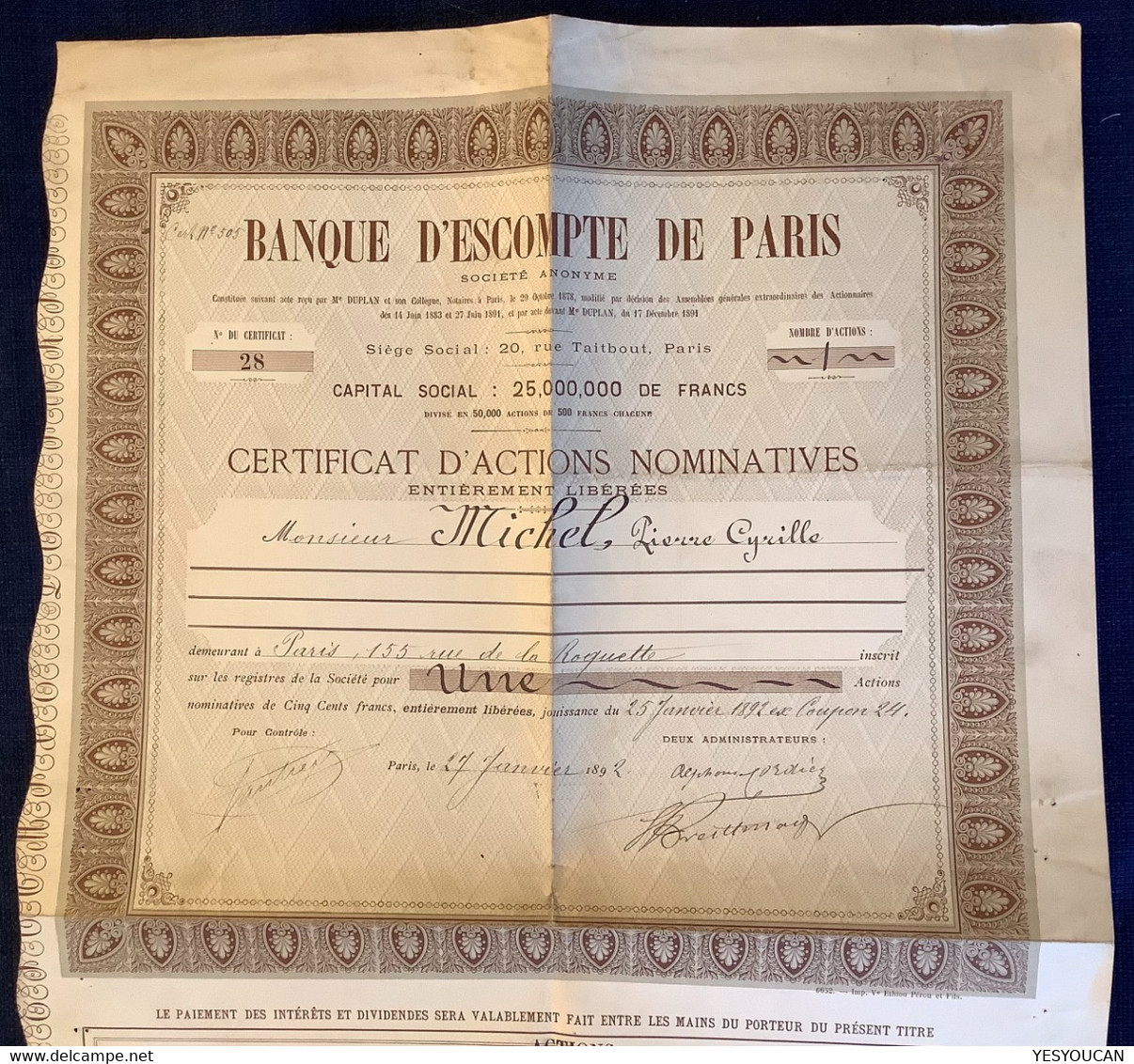 BANQUE D‘ ESCOMPTE DE PARIS ACTION NOMINATIVE 1892 (stock Share Bond Actions Obligations Bank France - Banco & Caja De Ahorros