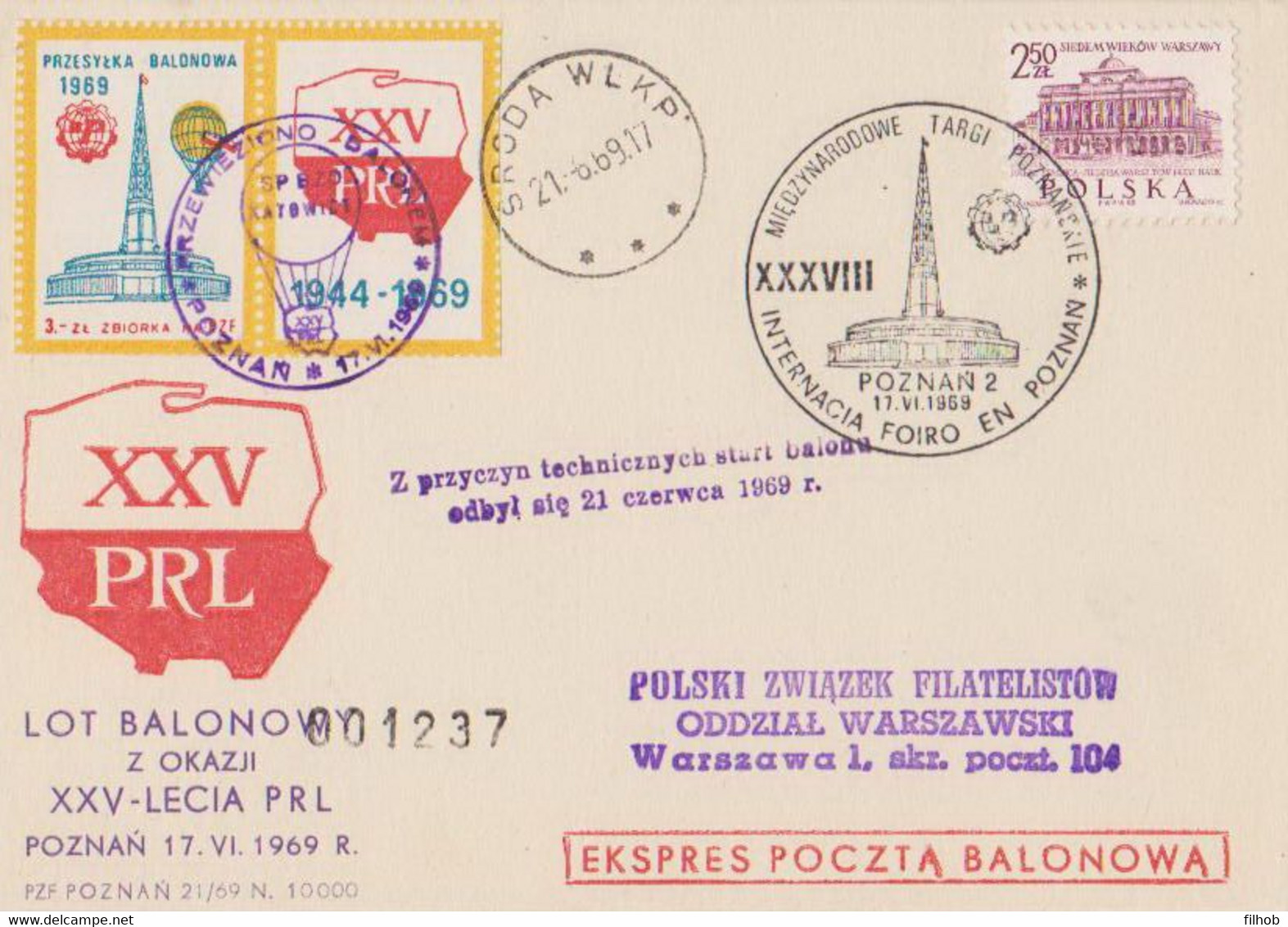 Poland Post - Balloon PBA.1969.poz.kat.A.01: Flight XXX Y. PRL KATOWICE - Ballonpost