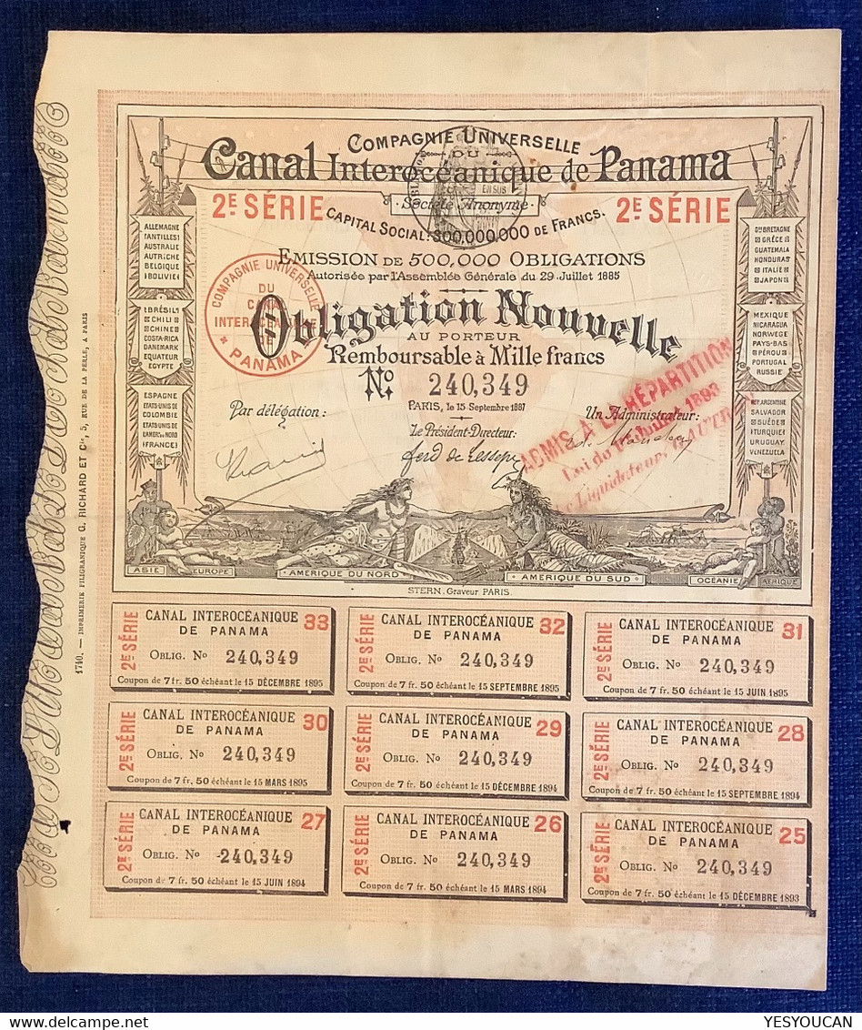 RARE 1887 ! COMPAGNIE UNIVERSELLE CANAL INTEROCEANIQUE DE PANAMA OBLIGATION 1000 FRANCS (stock Action Share France Stern - Verkehr & Transport