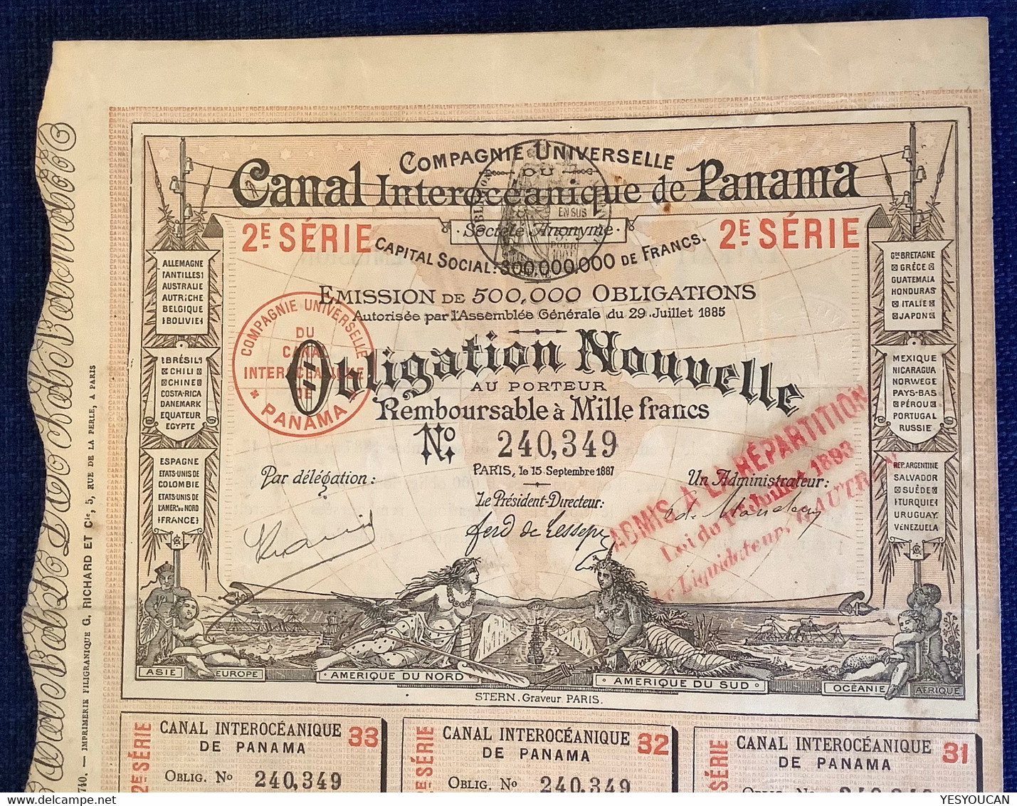 RARE 1887 ! COMPAGNIE UNIVERSELLE CANAL INTEROCEANIQUE DE PANAMA OBLIGATION 1000 FRANCS (stock Action Share France Stern - Trasporti