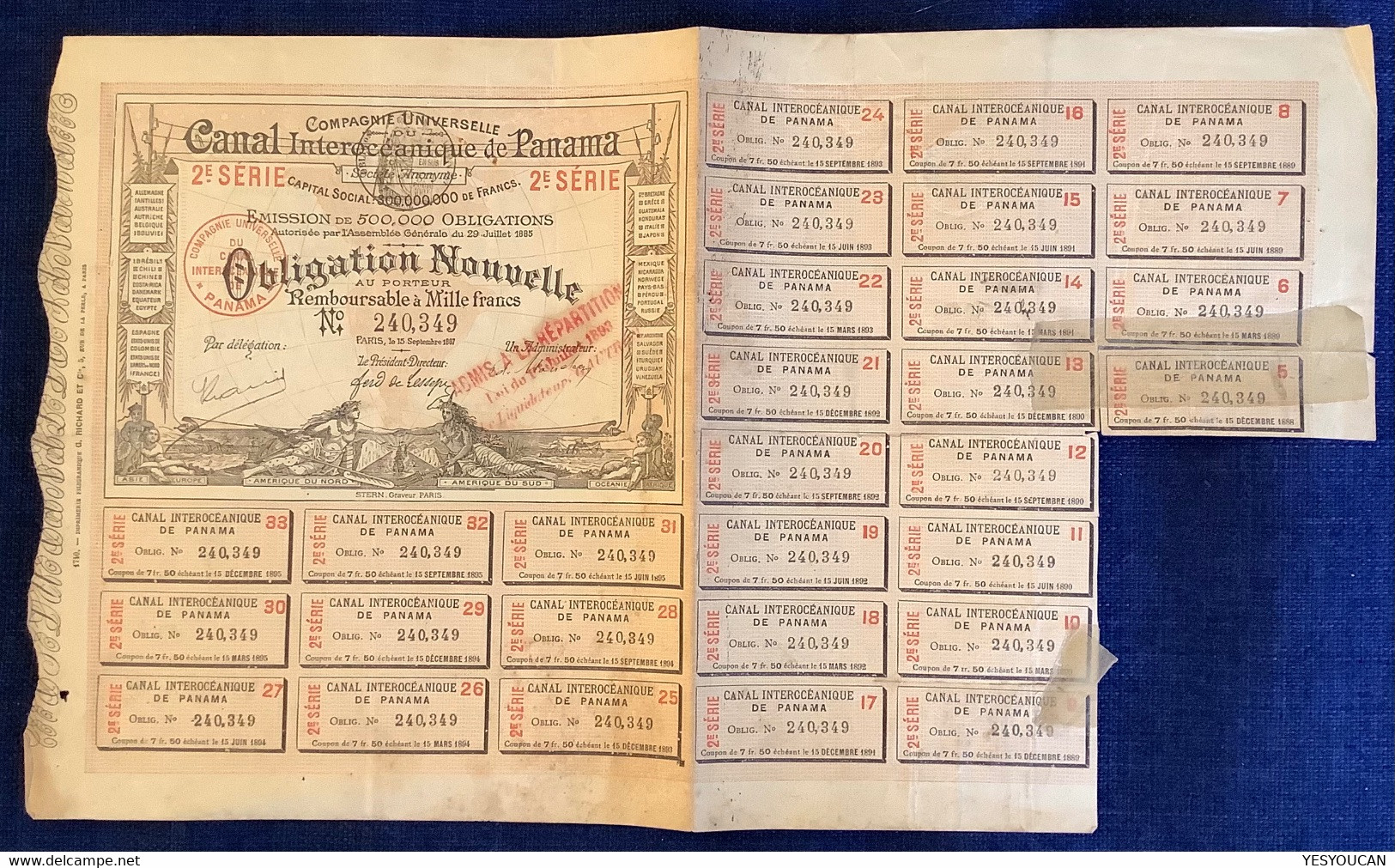 RARE 1887 ! COMPAGNIE UNIVERSELLE CANAL INTEROCEANIQUE DE PANAMA OBLIGATION 1000 FRANCS (stock Action Share France Stern - Verkehr & Transport