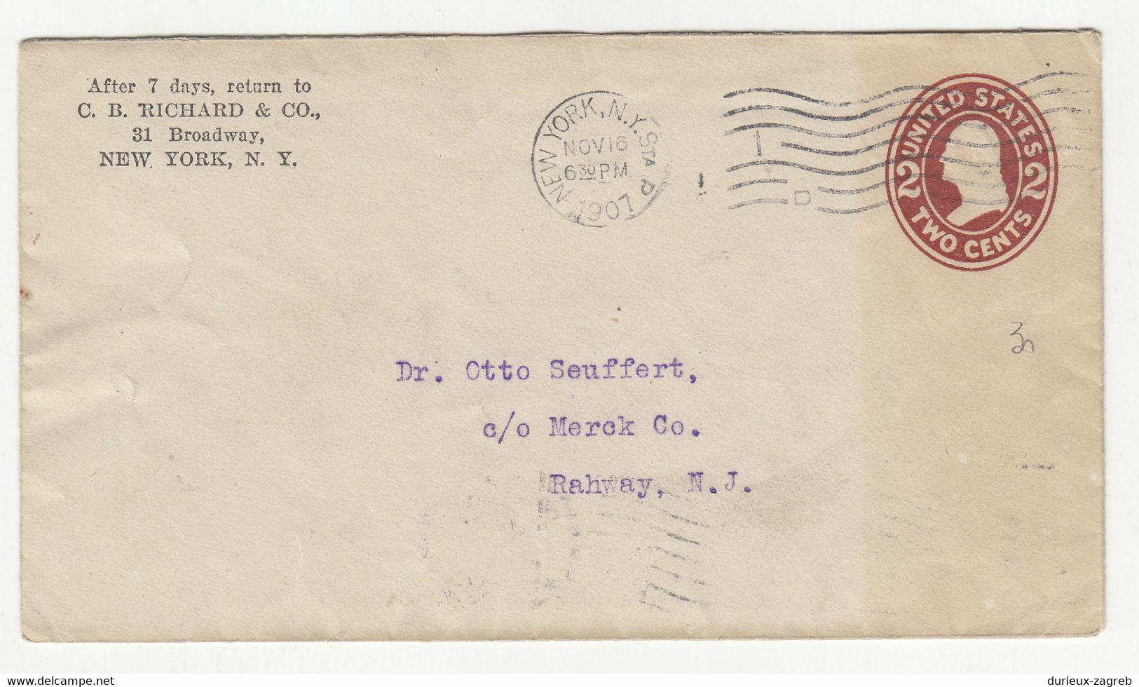 C.B. Richard & Co., NY Preprinted Postal Stationery Letter Cover Posted 1907 B211015 - 1901-20