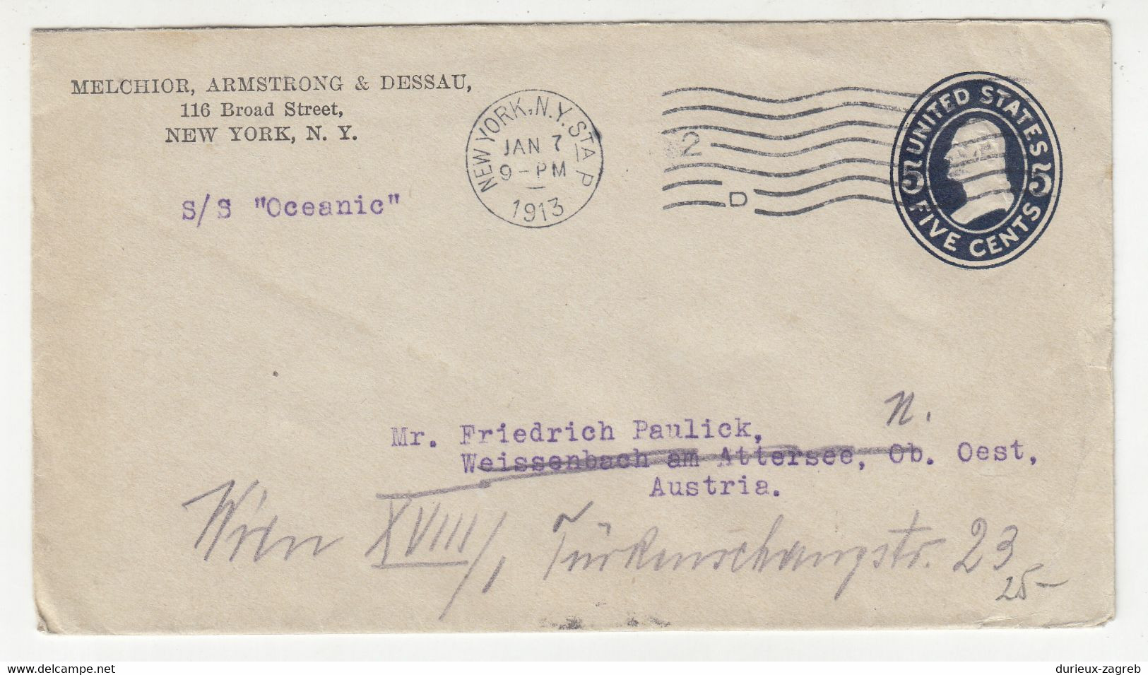 Melchior, Armstrong & Dessau, NY Preprinted Postal Stationery Letter Cover Posted 1913 S/S Oceanic B211015 - 1901-20