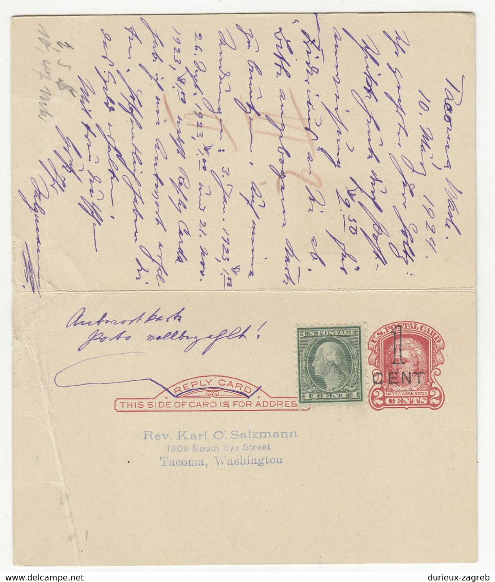 US Postals Stationery Postcard With Reply Posted 1924 To Germany B211015 - 1921-40