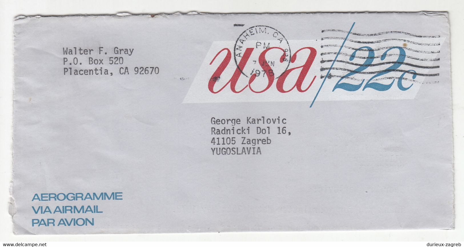 USA 22 C Postal Stationery Aerogramme Posted 1978 To Yugoslavia B211015 - 1961-80