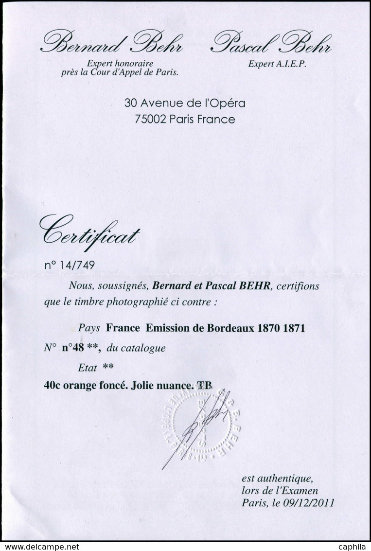 ** FRANCE - Poste - 48, Signé Calves + Certificat Behr: 40c. Orange Foncé - 1870 Uitgave Van Bordeaux