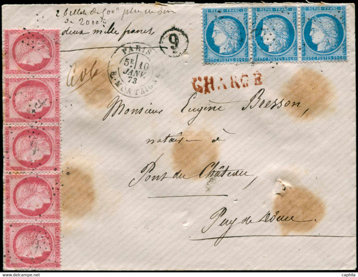 LET FRANCE - Poste - 57 En Bande De 5 + 60 En Bande De 3, Lettre Chargée à 4.75f. (50c. Recommandé + 25c. De Port 1er éc - 1849-1876: Periodo Classico