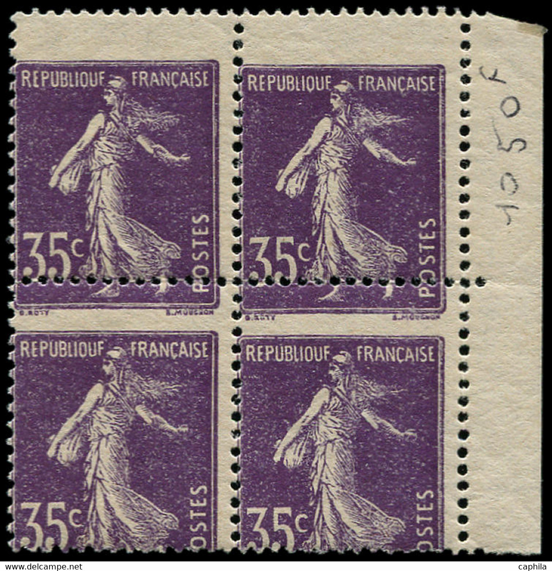 ** FRANCE - Poste - 142, Bloc De 4, Cdf, Piquage Horizontal Très Déplacé (dans Les Chiffres): 35c. Semeuse Violet (Spink - Unused Stamps