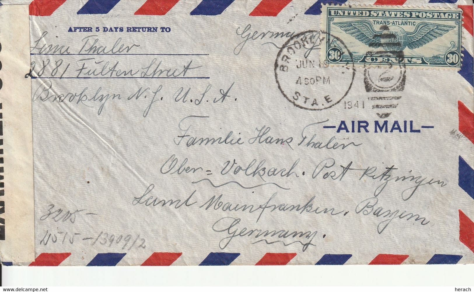 Etats Unis Lettre Censurée Pour L'Allemagne 1941 - Postal History