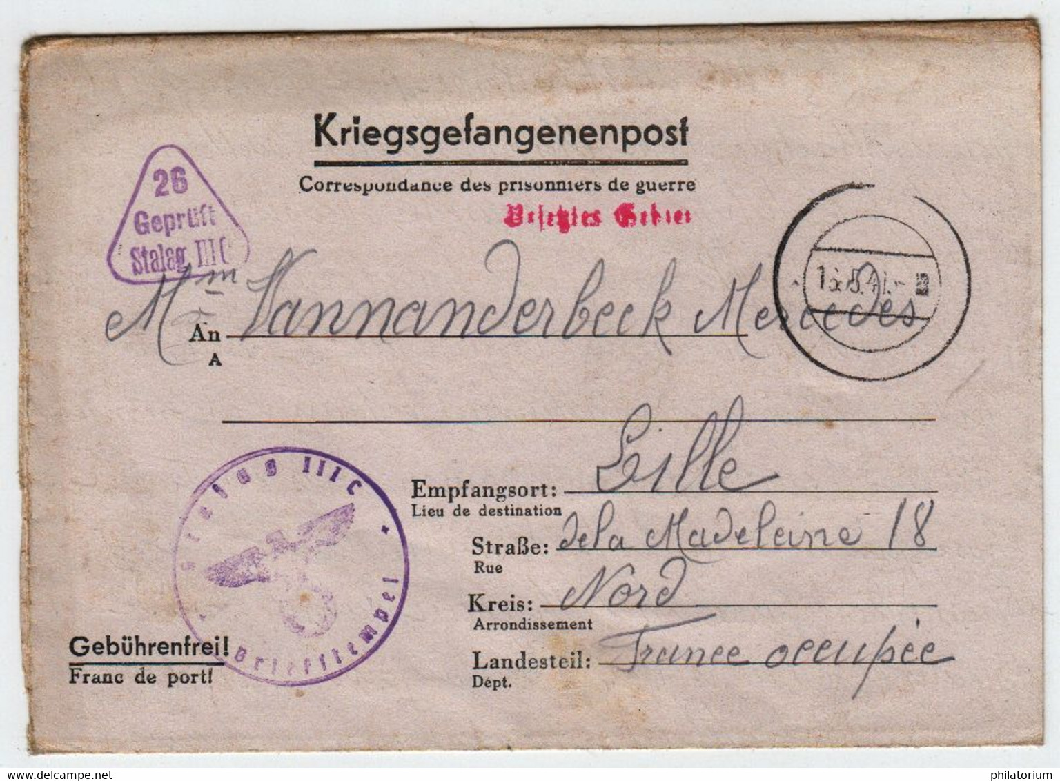 France Correspondance Des Prisonniers De Guerre 16 Mai 1941 Stalag IIIC Pour Lille - War Stamps