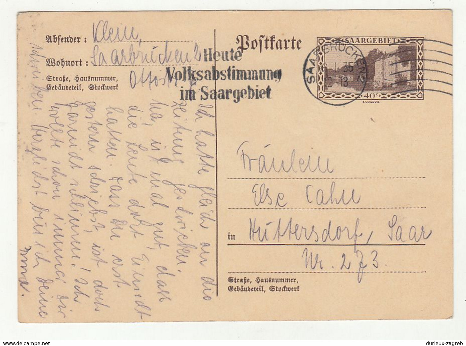 Saar Postal Stationery Postkarte Posted 1935 B211015 - Enteros Postales