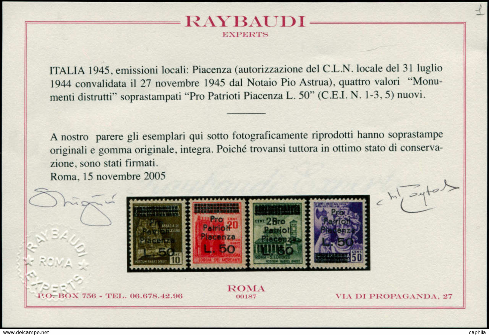 ** ITALIE - Libération - Piacenza, Cei 1/3 + 5, Certificat Photo Raybaudi: Pro Patrioti + 50l. - Non Classificati