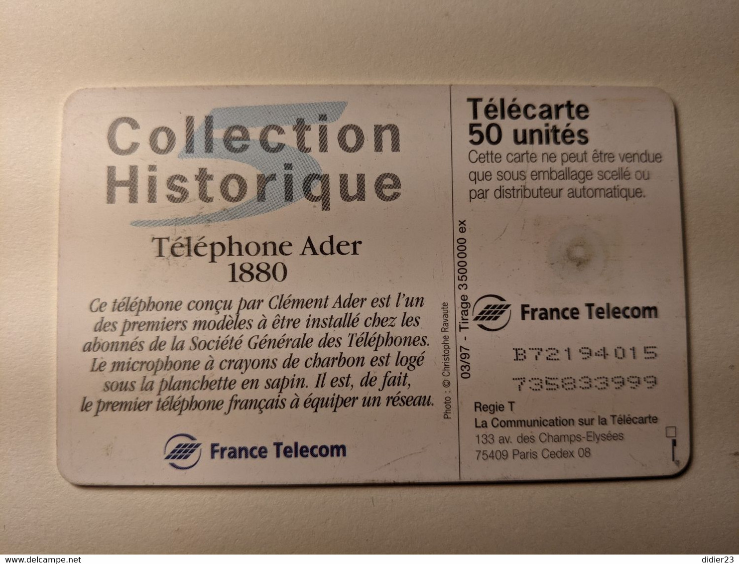 TELECARTE FRANCE TELECOM  50 COLLECTION HISTORIQUE TELEPHONE ADER 1880 - Telefoni