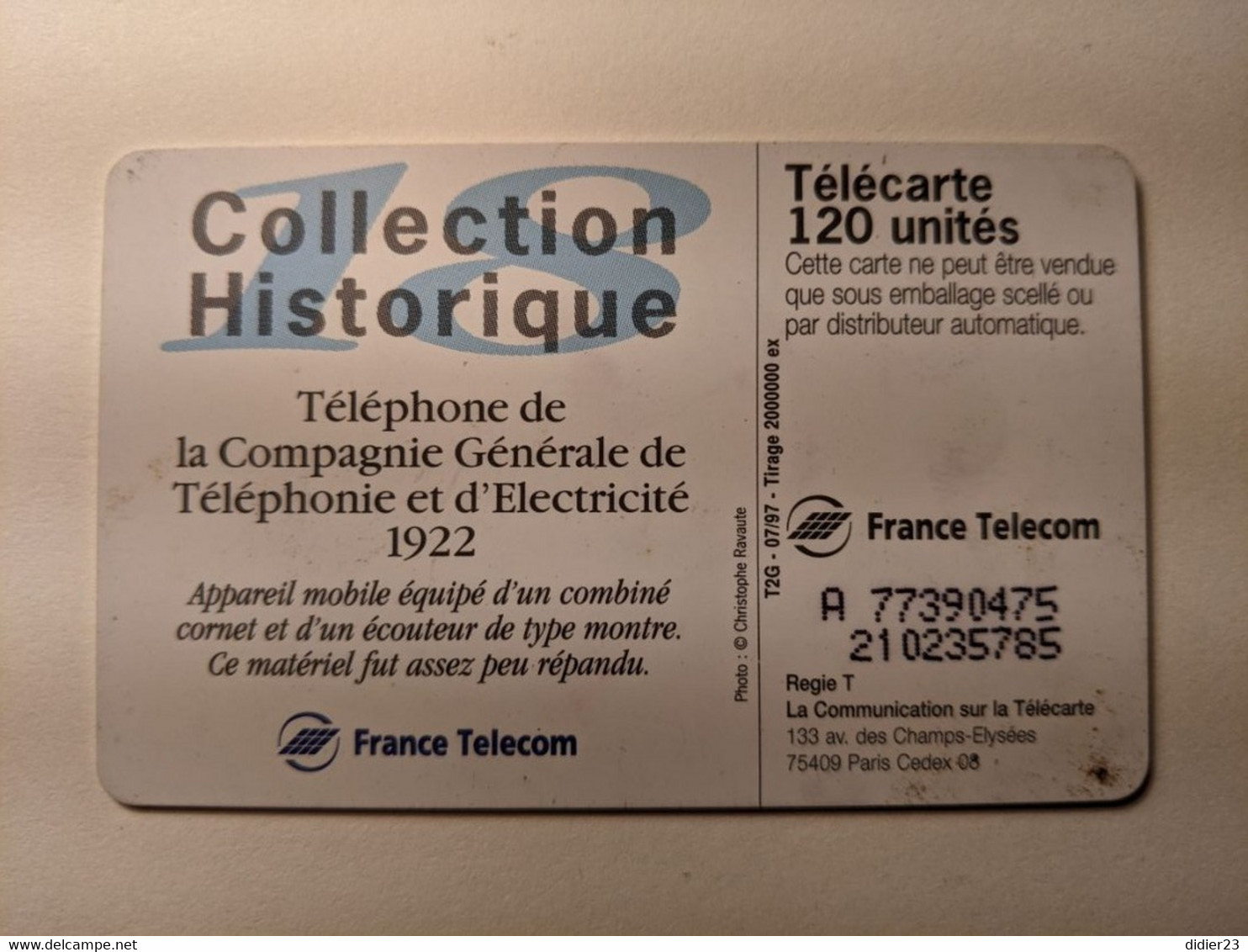 TELECARTE FRANCE TELECOM  50 COLLECTION HISTORIQUE TELEPHONE DE LA COMPAGNIE GENERALE TELEPHONIE 1922 - Téléphones