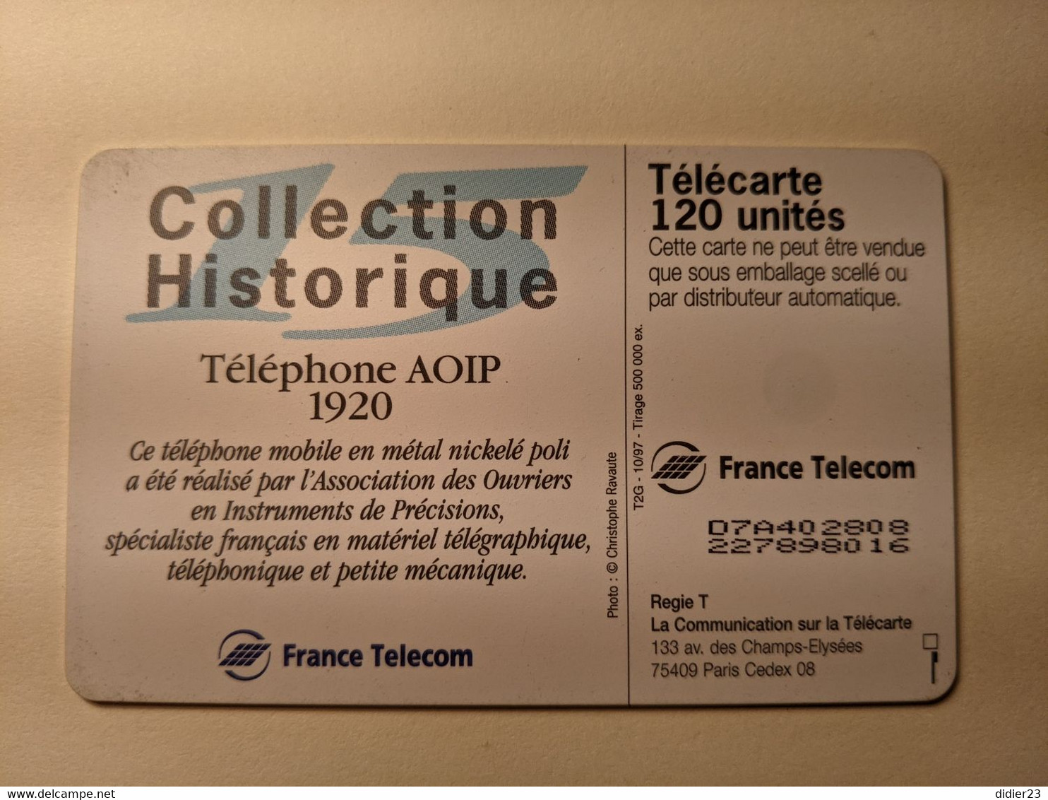 TELECARTE FRANCE TELECOM  120 COLLECTION HISTORIQUE TELEPHONE AOIP 1920 - Telefone