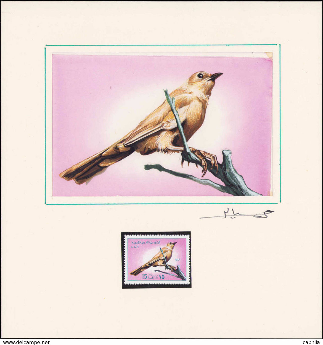 MAQ LIBYE - Poste - 573/77, Exceptionnelle Série De 5 Maquettes Originales, Gouache (130x90), Signées: Oiseaux - Unique  - Libië