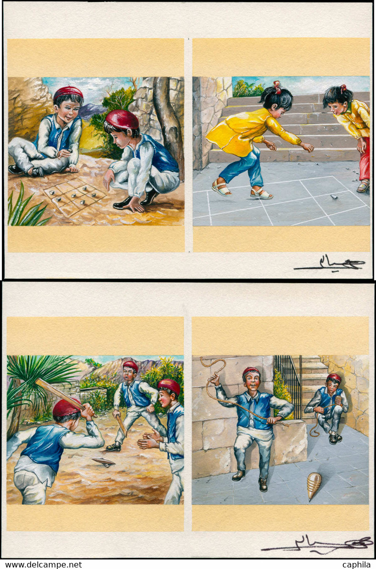 MAQ LIBYE - Poste - 1526/30, Série De 5 Maquettes Originales, Gouache (85 X 105), Signées, Cachet Au Dos "Siala": Année  - Libië