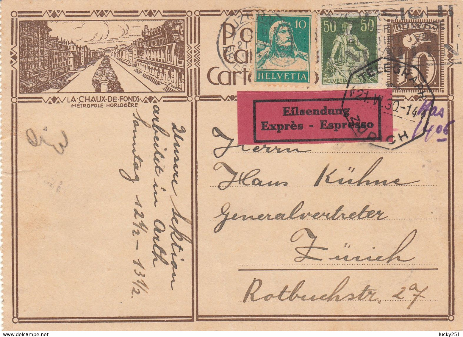 Suisse - Entiers Postaux - Carte Illustrée La Chaux De Fonds -  De Luzern à Zürich - 21/06/30 - Exprès - Oblit. Telegrap - Ganzsachen