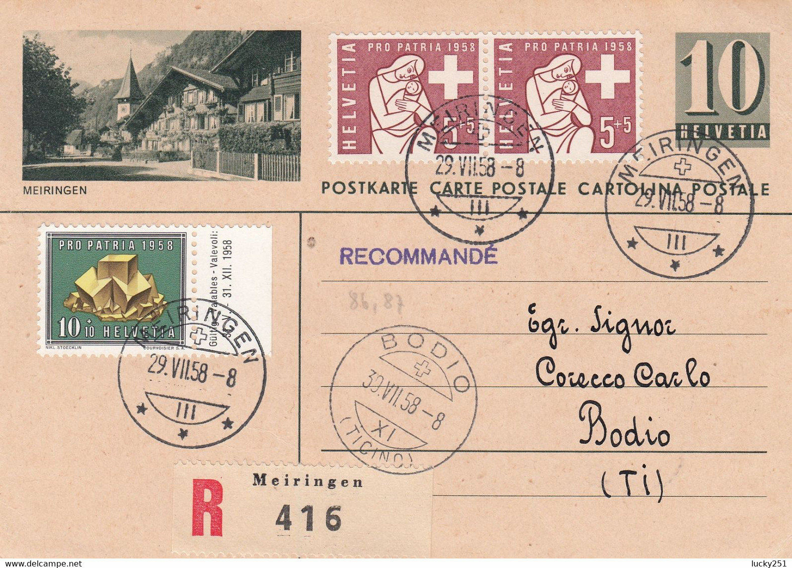 Suisse - Entiers Postaux - Carte Illustrée Meiringen -  De Meiringen à Bodio - 29/07/58 - Illust Et Oblitér Idem - Interi Postali