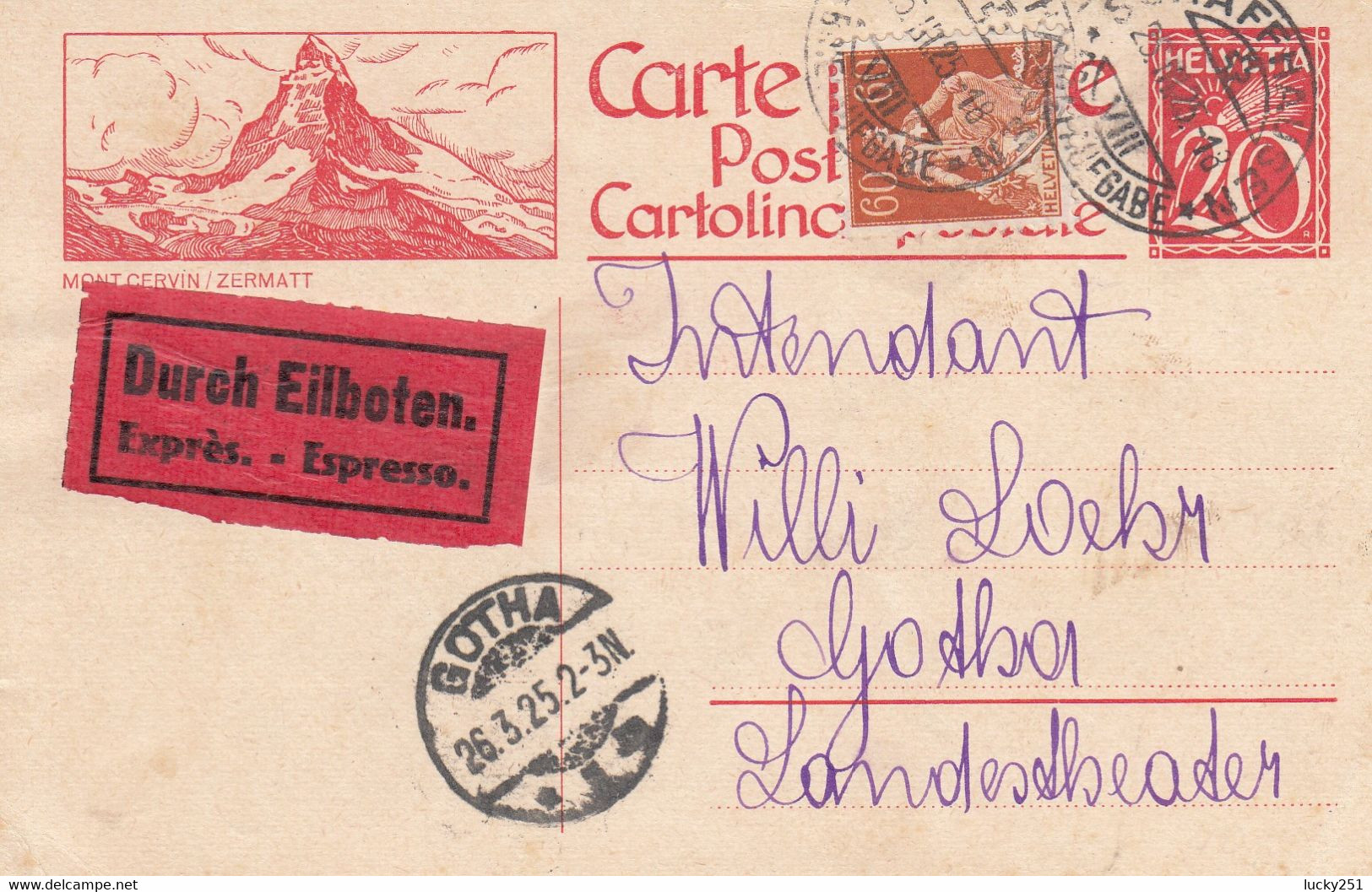 Suisse - Entiers Postaux - Carte Illustrée Mont Cervin/Zermatt -  De Schaffhausen à Godlsar - 25/03/1925 - Exprès - Ganzsachen