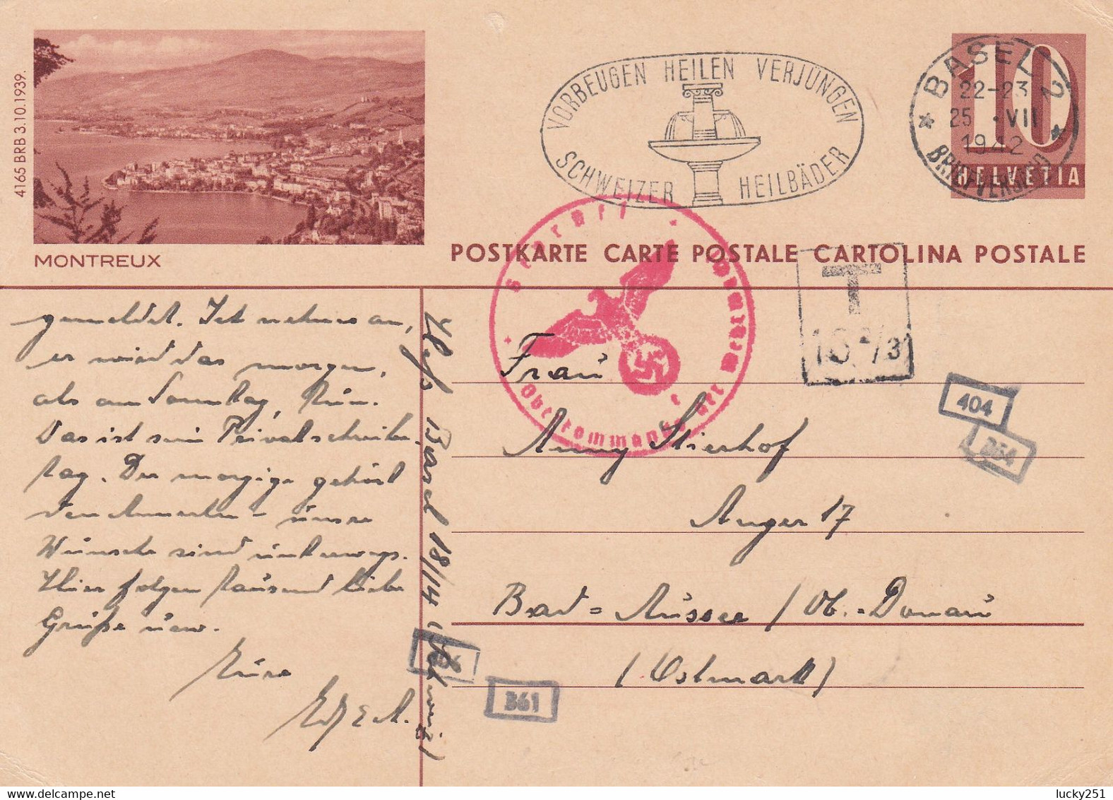 Suisse - Entiers Postaux - Carte Illustrée Montreux -  De Basel Vers Allemagne - 25/07/1942 - Censurée - Taxée - Stamped Stationery