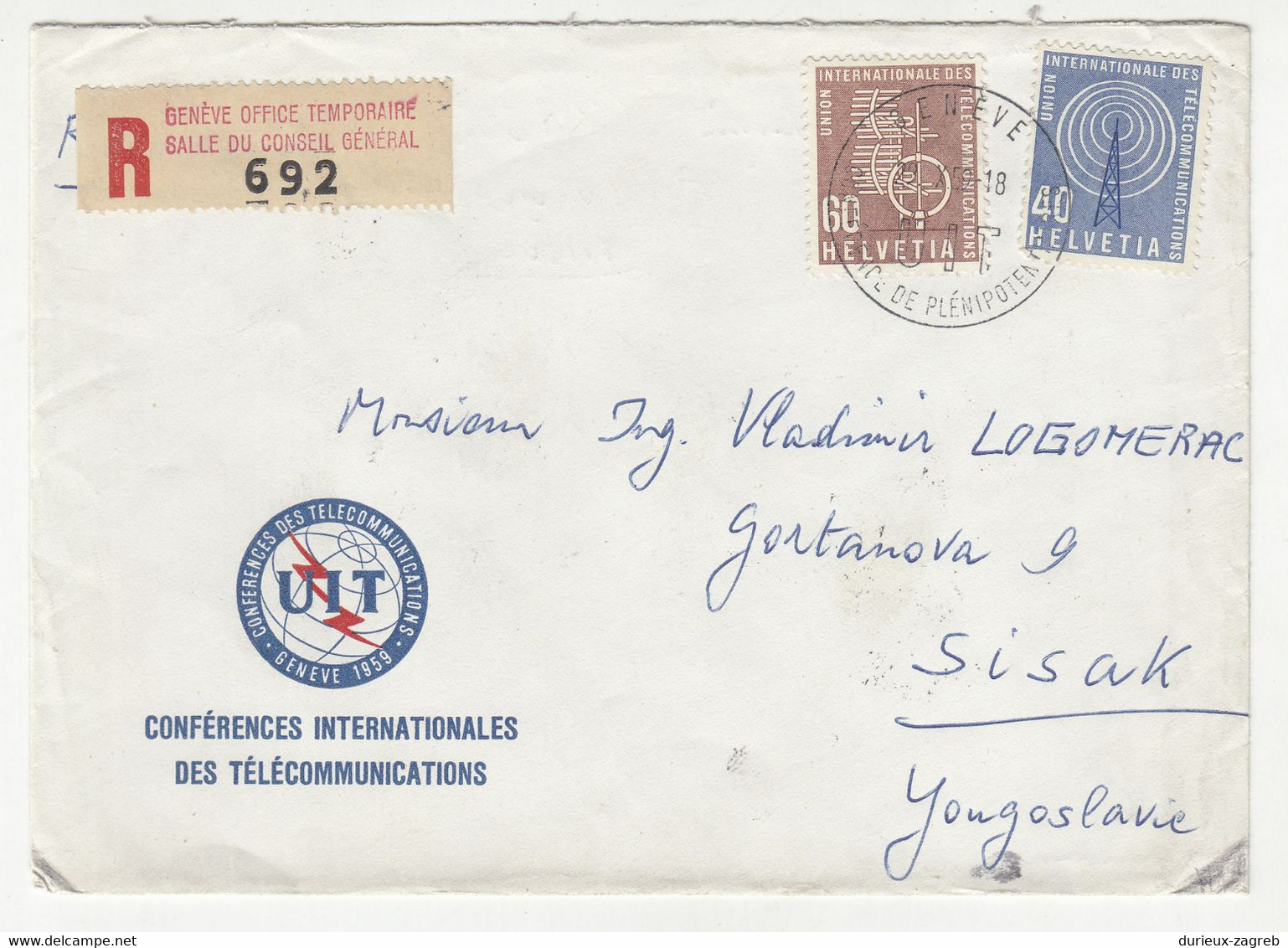 Conférences Intenationales Des Télécommunications UIT Letter Cover Posted Registered 1959 To Yugoslavia B211015 - Covers & Documents