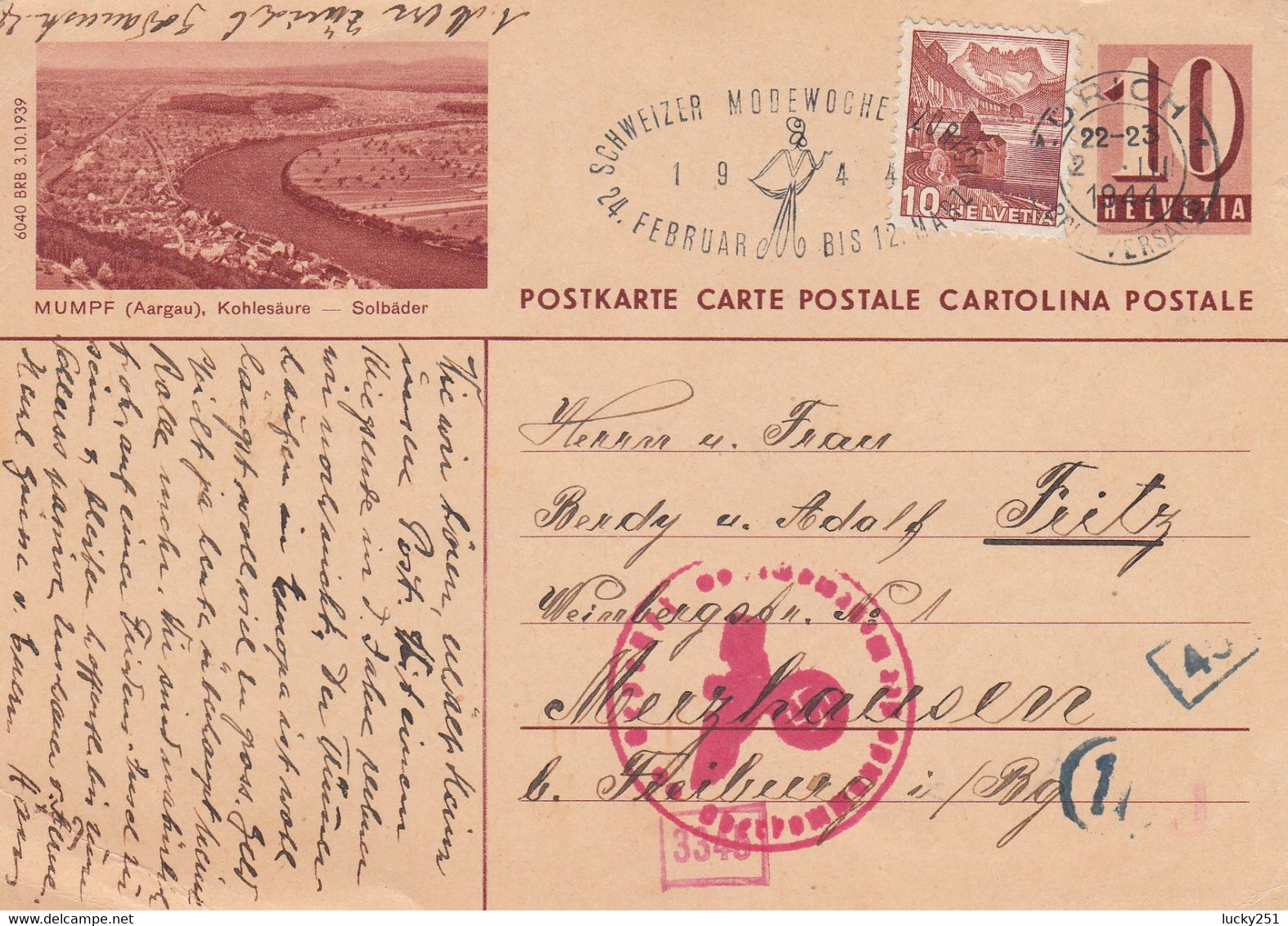 Suisse - Entiers Postaux - Carte Illustrée Mumpf -  De Zürich Vers Allemagne - 02/03/1944 - Censurée - Enteros Postales