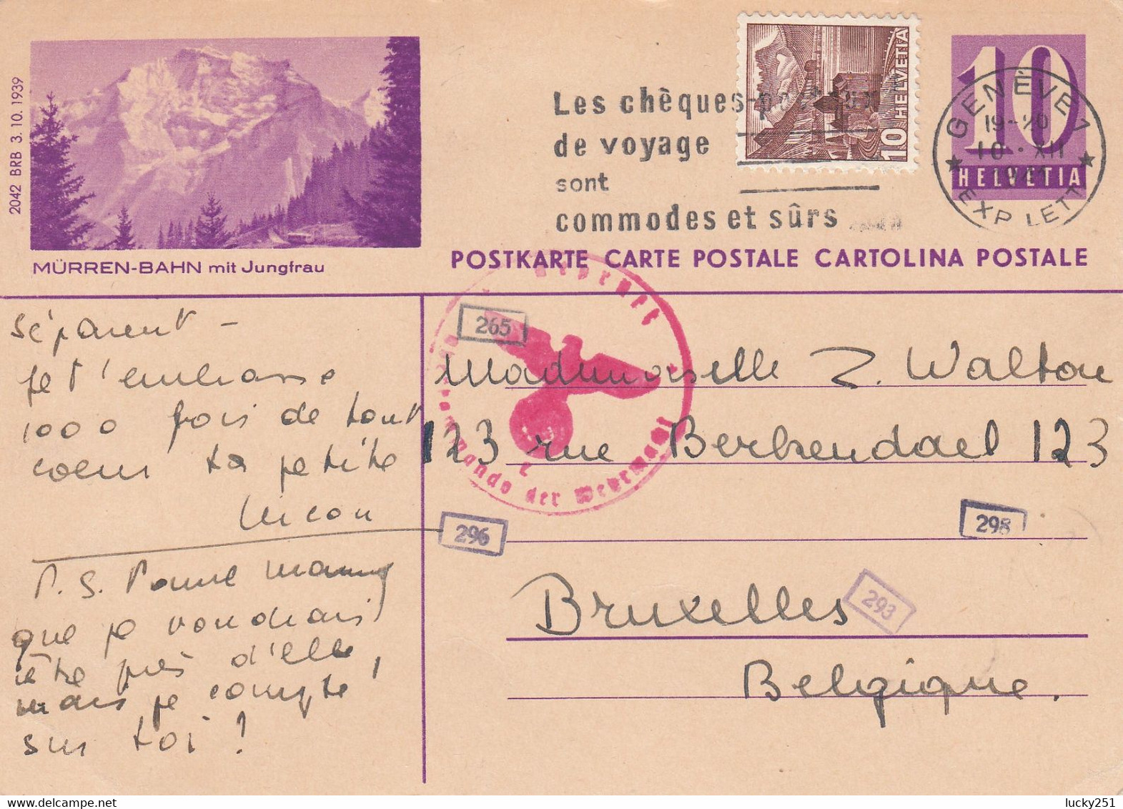 Suisse - Entiers Postaux - Carte Illustrée Mürren-Bahn -  De Genève à Bruxelles - 10/12/1941 - Censurée - Ganzsachen