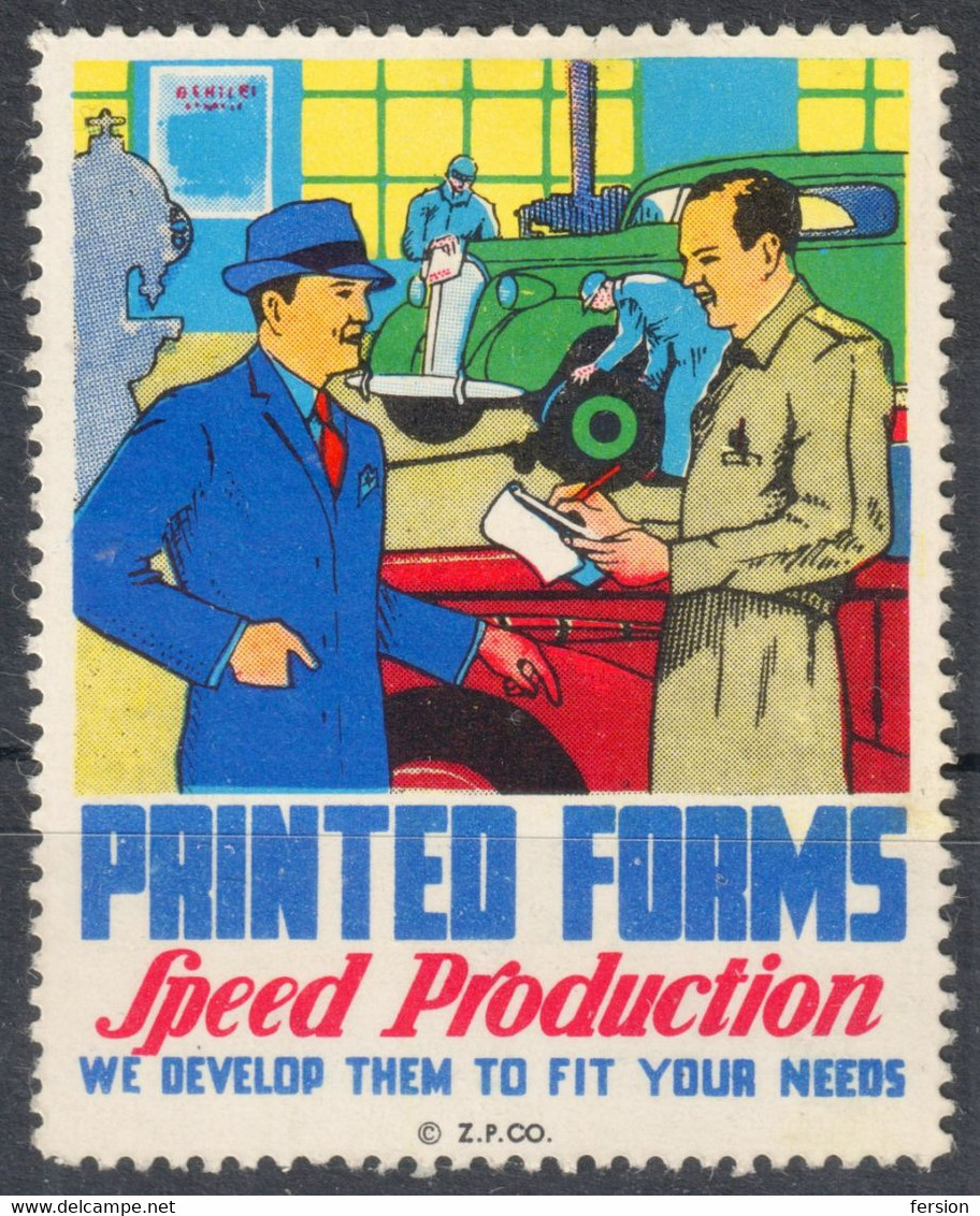 CAR OLDTIMER VETERAN AUTOMOBILE Garage Service USA Printing Press ADVERTISING Label Cinderella Vignette 1950 - Autos