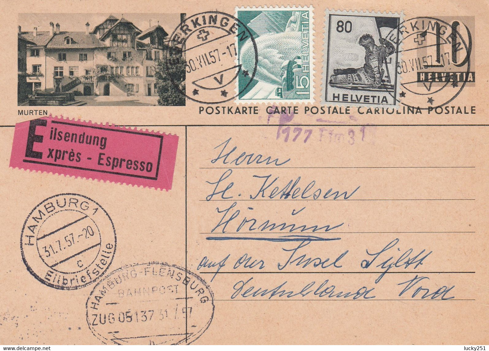 Suisse - Entiers Postaux - Carte Illustrée Murten - De Egerkingen Vers Allemagne - 30/07/1957 - EXpres - Entiers Postaux