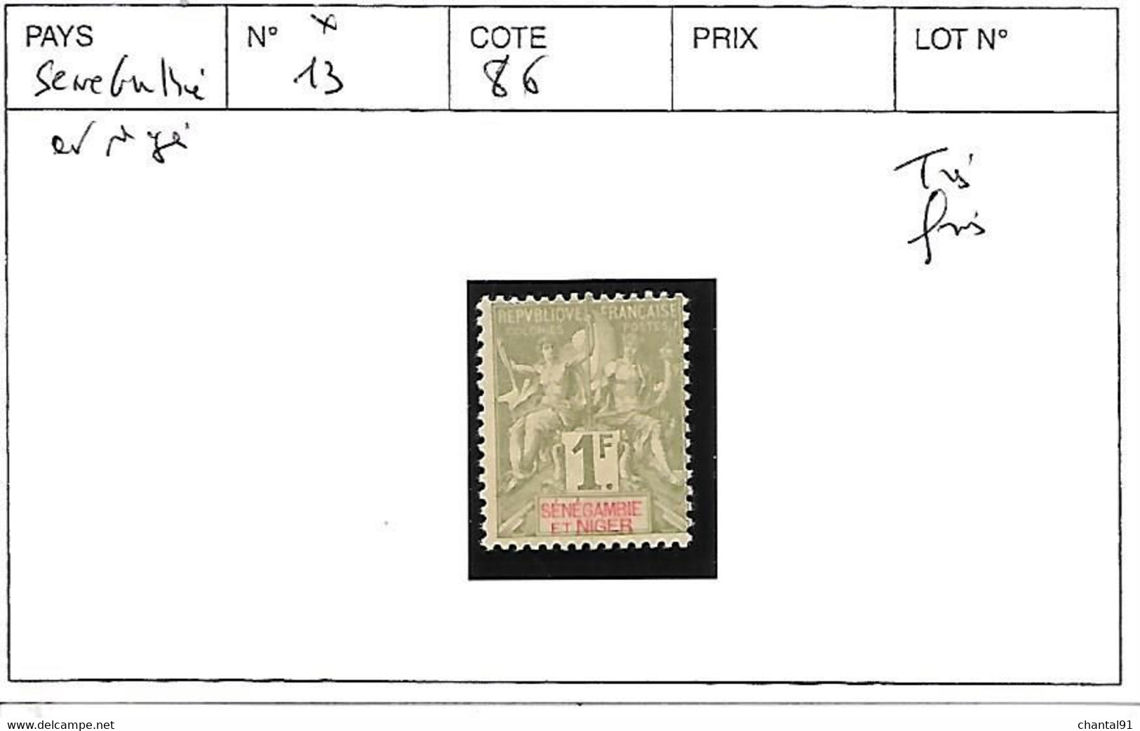 SENEGAMBIE ET NIGER N° 13 * TRES FRAIS - Unused Stamps