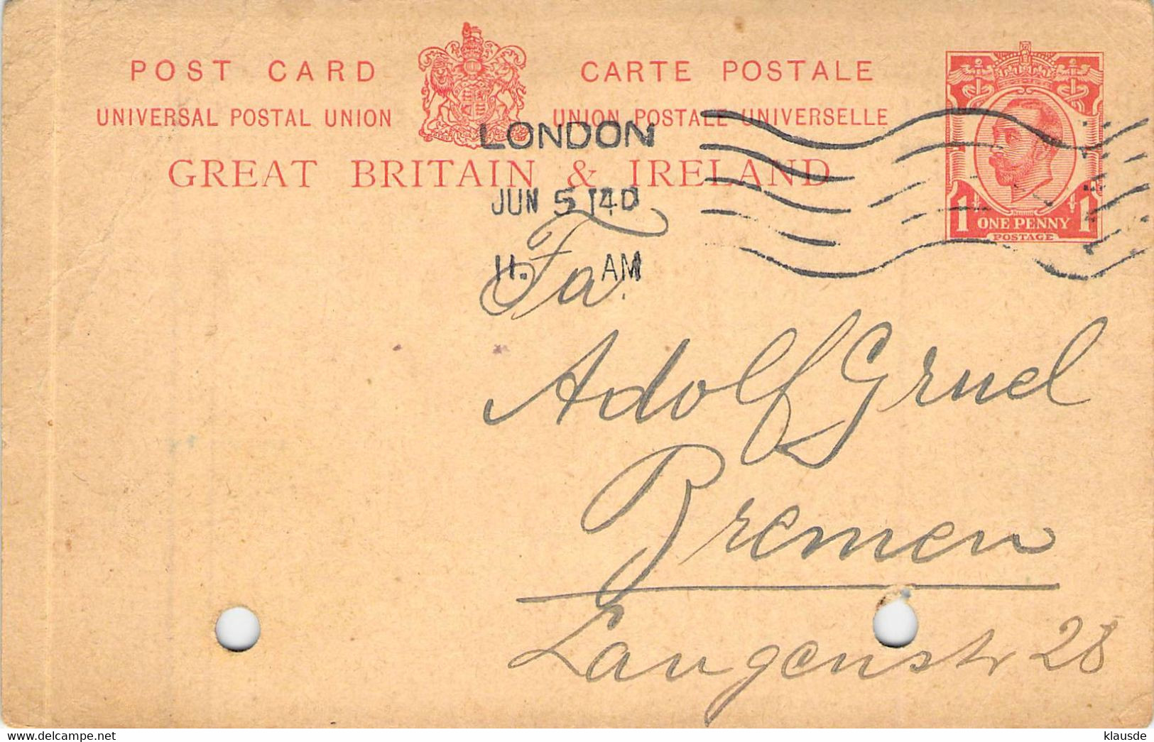 MiNr.P31? 1 Penny (Rot)  London - Bremen 1914 - Covers & Documents