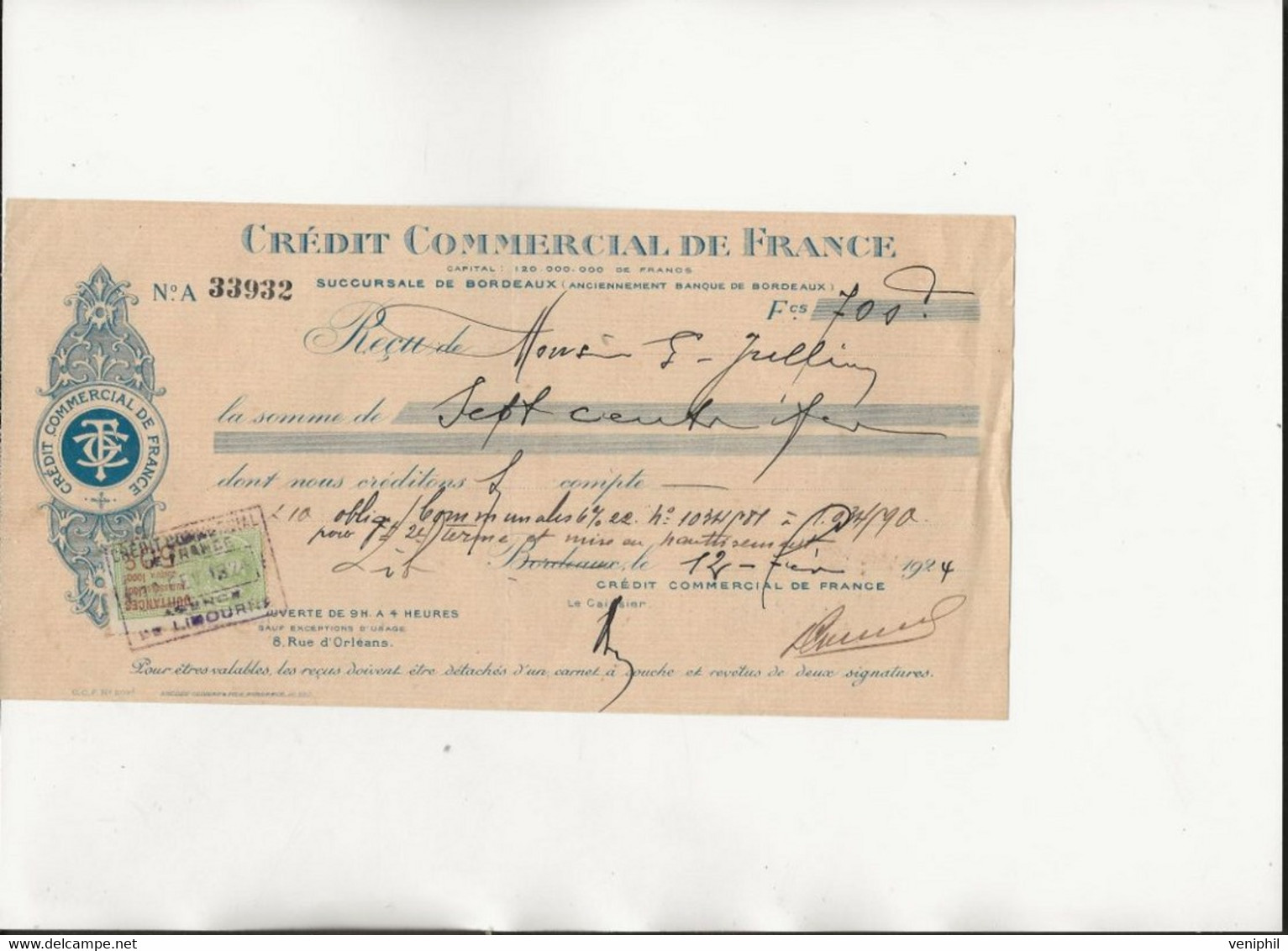 LETTRE DE CHANGE - CREDIT COMMERCIAL DE FRANCE-BORDEAUX -ANNEE 1924 - Lettres De Change