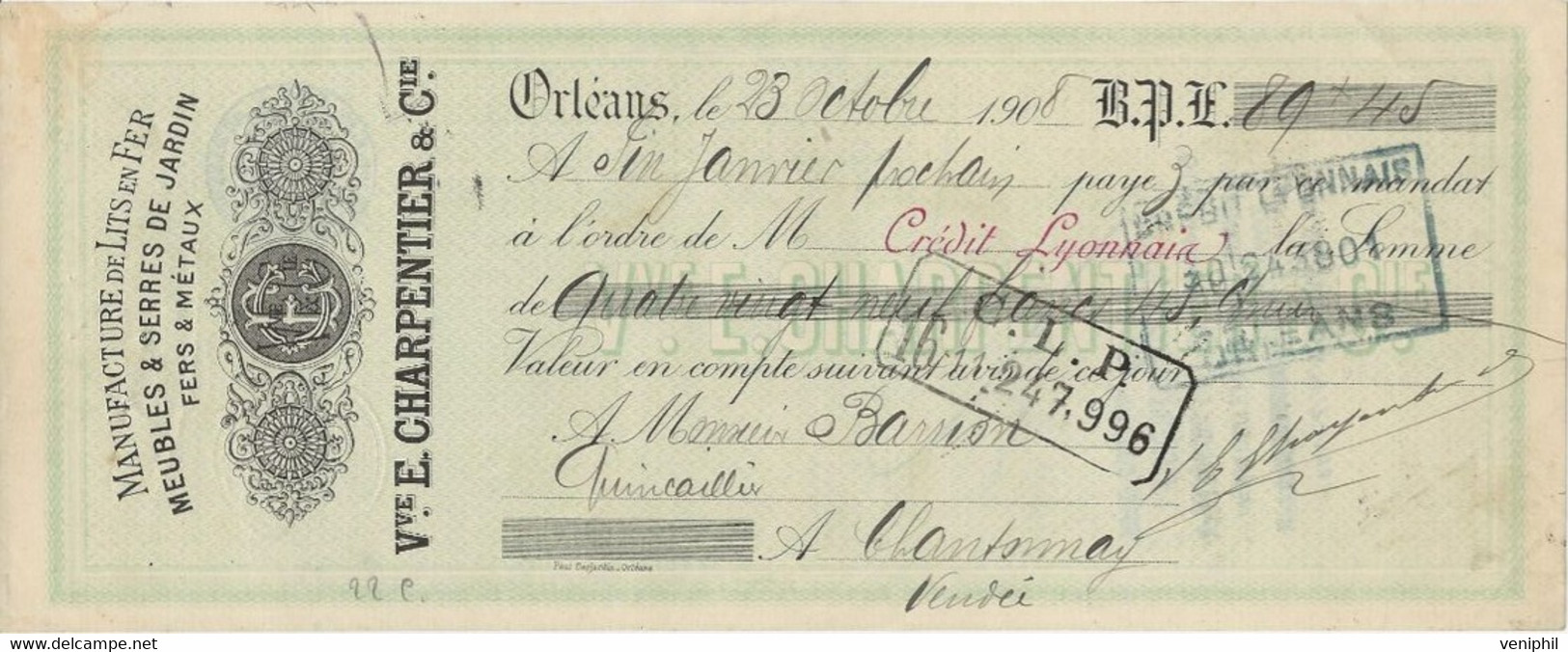 LETTRE DE CHANGE- MANUFACTURE DE LITS EN FER - Vve CHARPENTIER ET CIE -ORLEANS -ANNEE 1908 - Bills Of Exchange