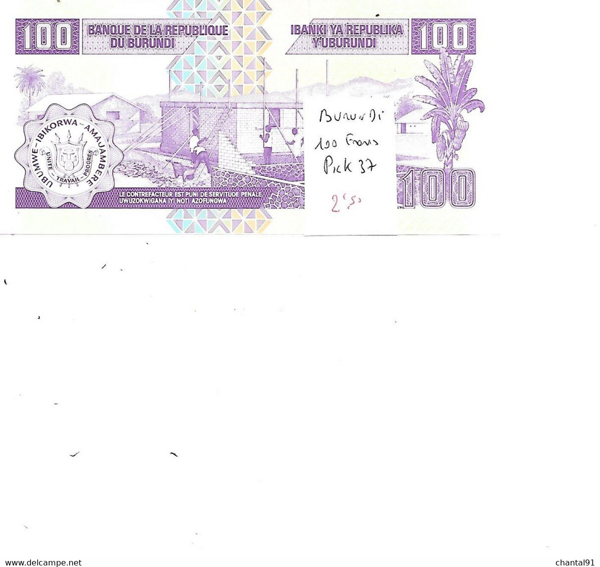 BURUNDI BILLET 100 FRANCS PICK 37 - Burundi