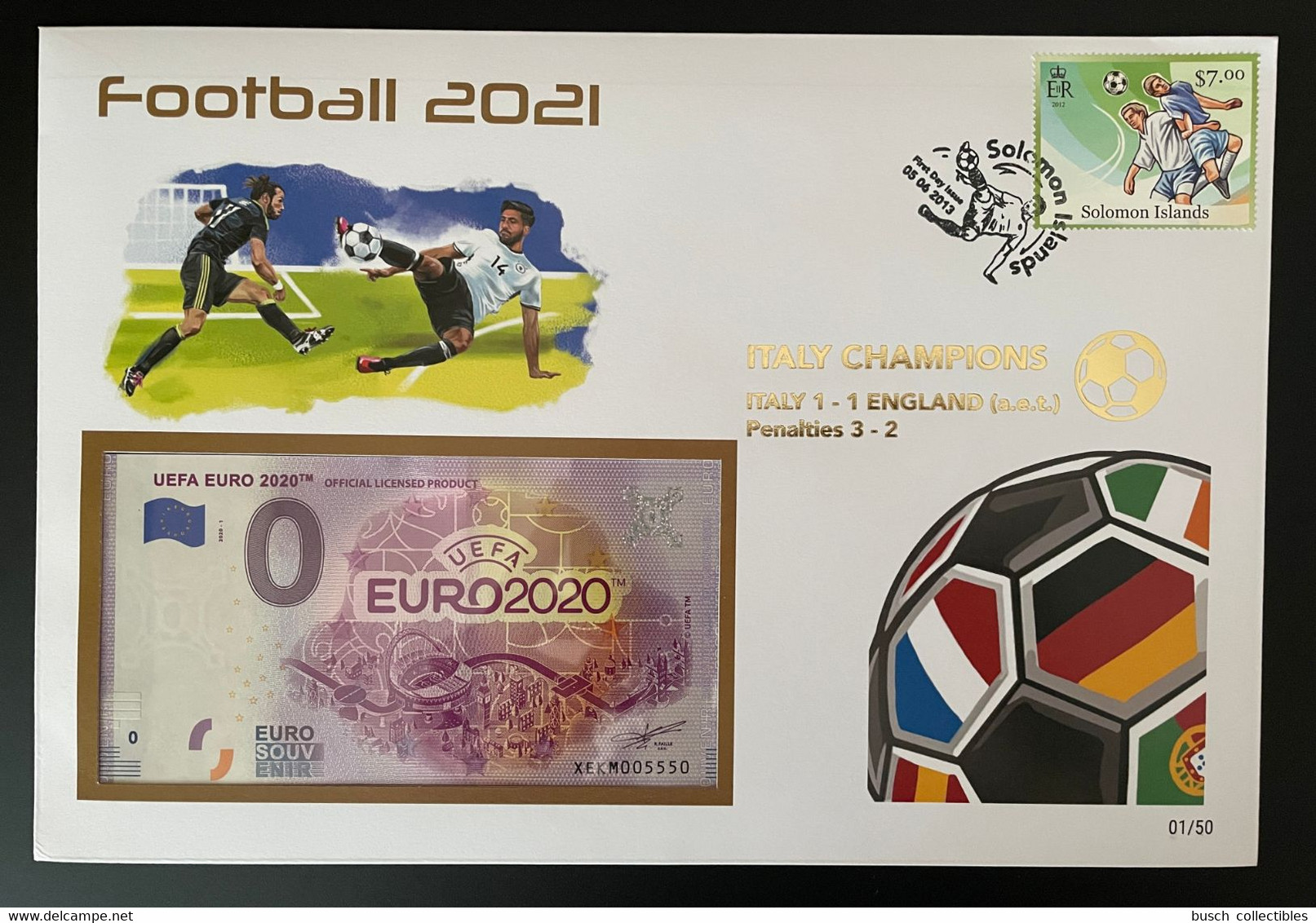 Euro Souvenir Banknote Cover Football 2021 Euro 2020 Football Fußball Italy Champions Gold Solomon Banknotenbrief - Salomon (Iles 1978-...)