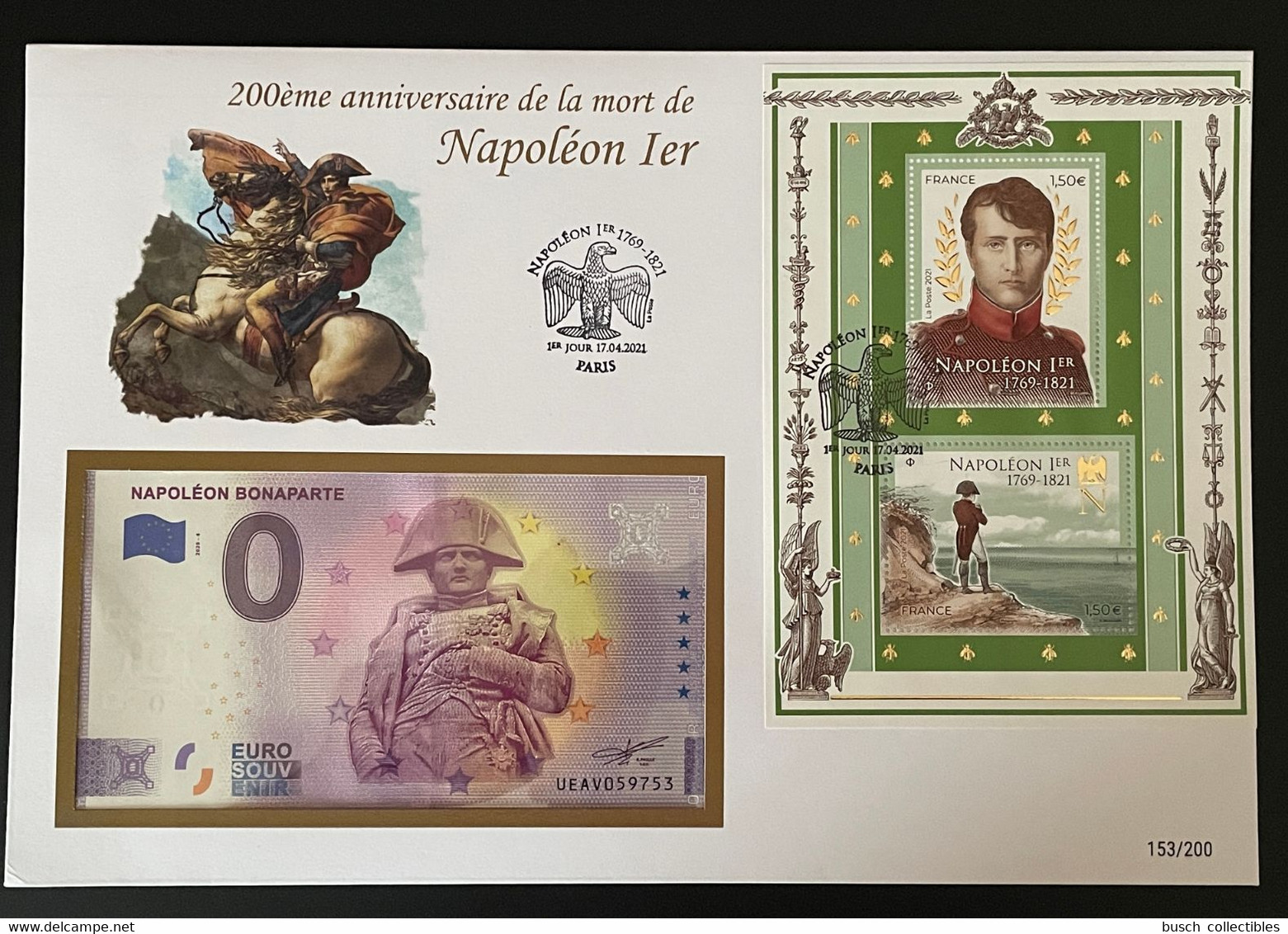 Euro Souvenir Banknote Cover France Napoléon 1er Bonaparte 2021 Paris Bloc Block Banknotenbrief - Used