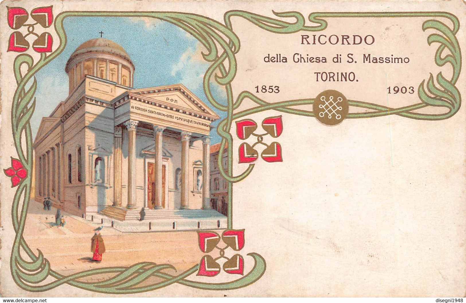 10147 "TORINO - RICORDO DELLA CHIESA S. MASSIMO - 1853-1903"  ANIMATA. CART SPED 1926 - Églises