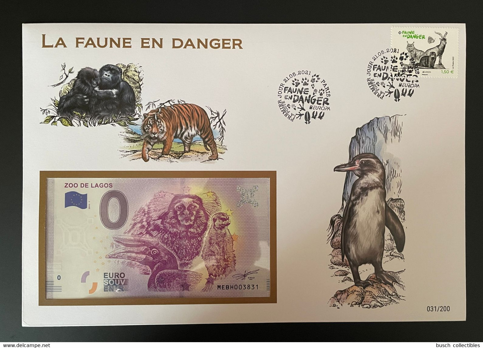 Euro Souvenir Banknote Cover France 2021 Europa CEPT Faune En Danger Fauna Paris Banknotenbrief - Autres & Non Classés