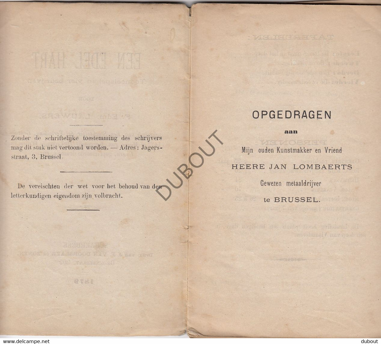 SCHAARBEEK - Toneel: Een Edel Hart - F. Edm. Lauwers, Druk J-F. Van Doorslaer, 1879  (V508) - Teatro