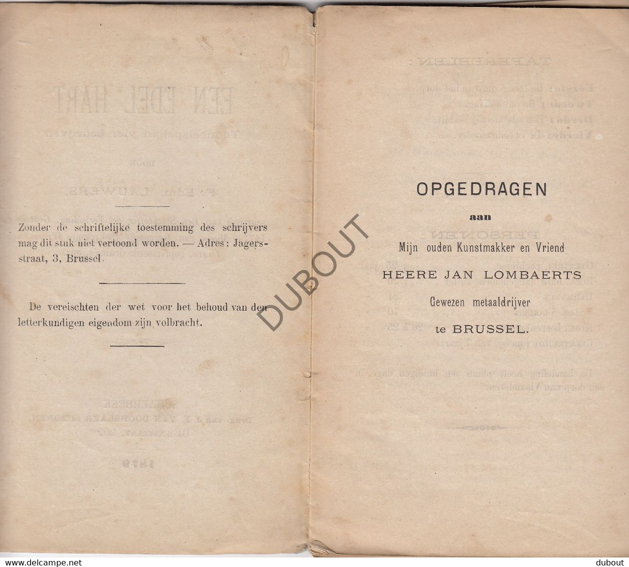 SCHAARBEEK - Toneel: Een Edel Hart - F. Edm. Lauwers, Druk J-F. Van Doorslaer, 1879  (V508) - Theatre