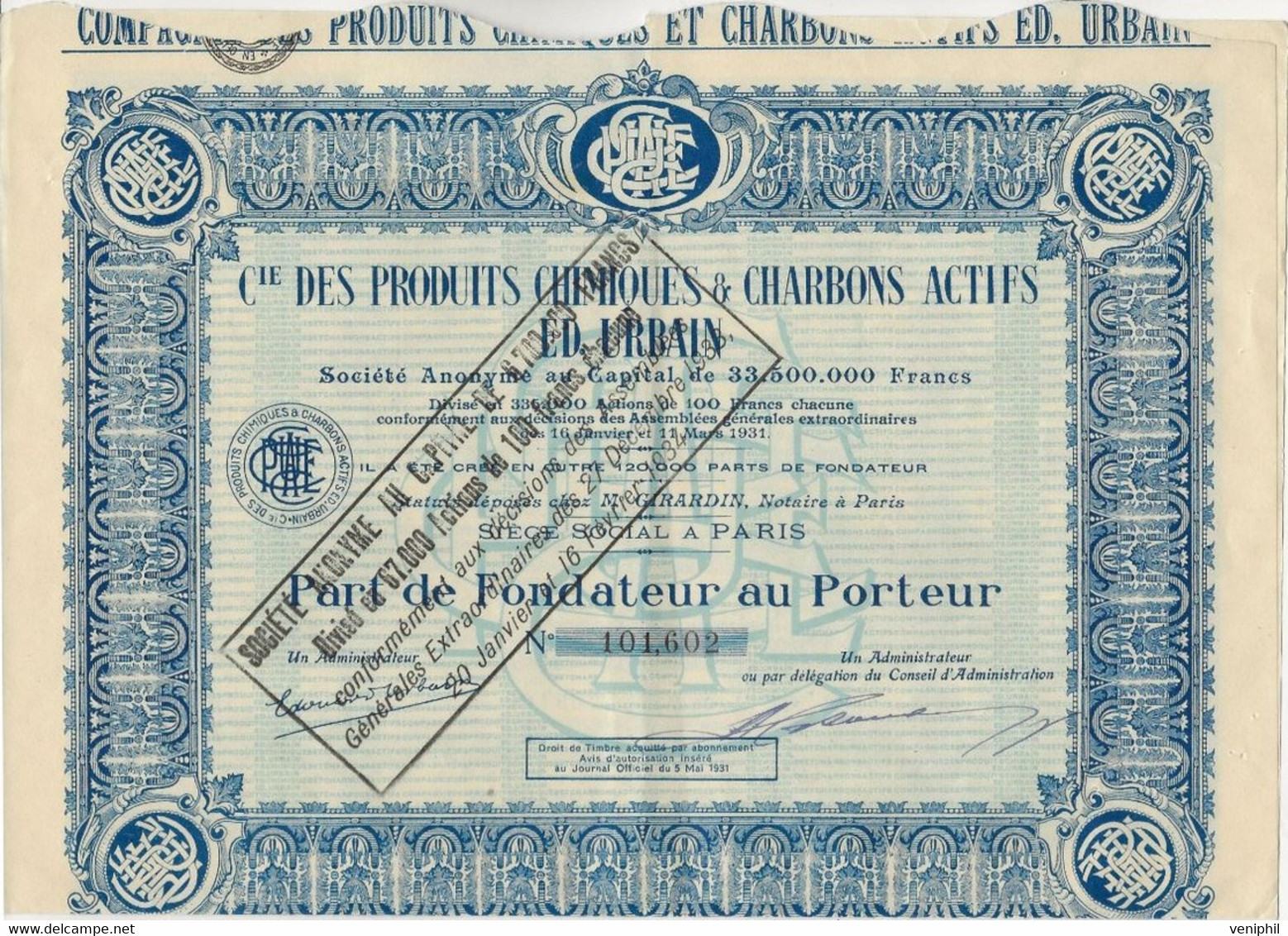 CIE DES PRODUITS CHIMIQUES ET CHARBONS ACTIFS ED.URBAIN- PART DE FONDATEUR - ANNEE 1931 - Mines