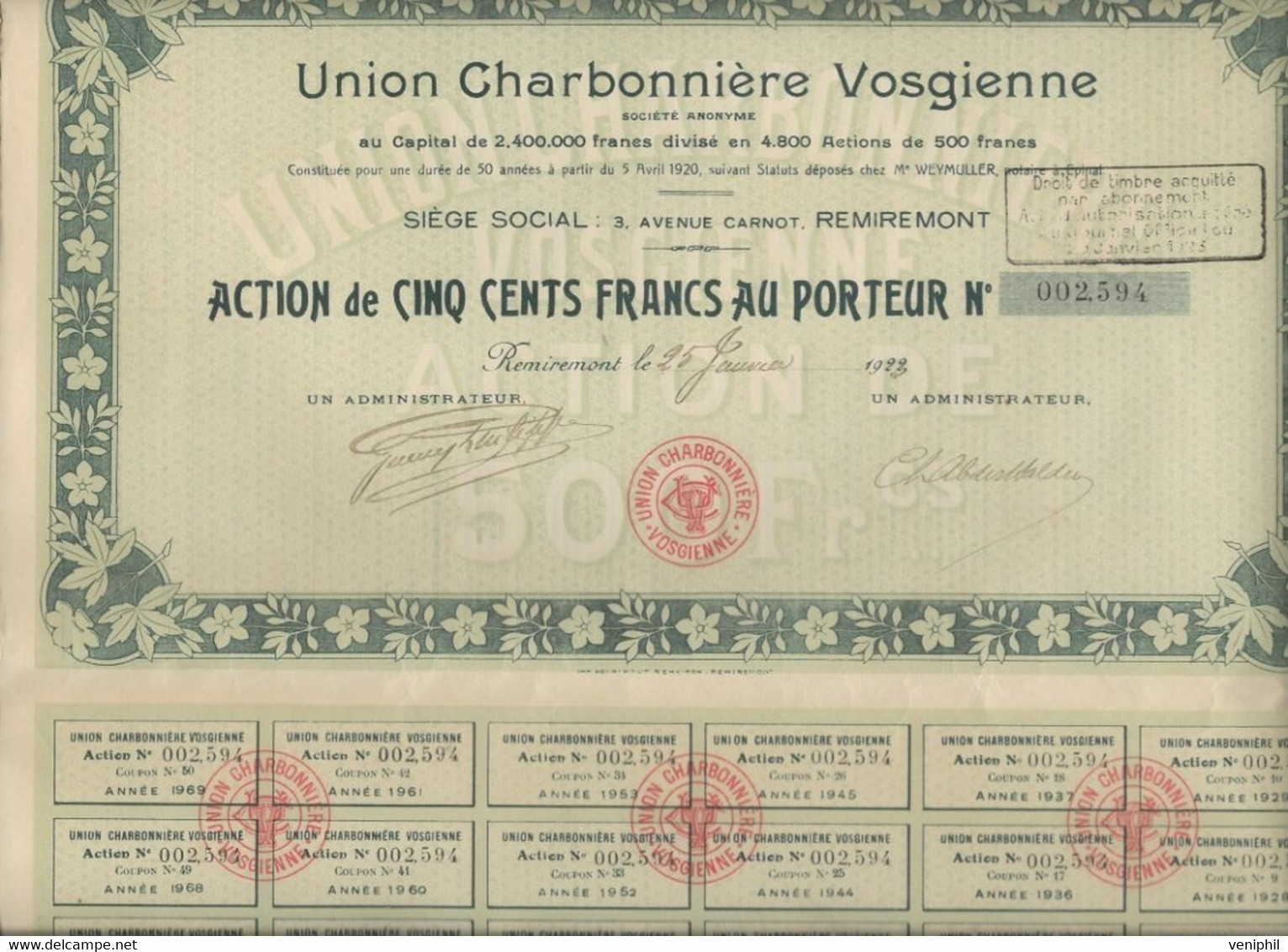 UNION CHARBONNIERE VOSGIENNE *DIVISE EN 4800 ACTIONS DE 50 FRS -REMIREMONT - ANNEE 1923 - Mijnen