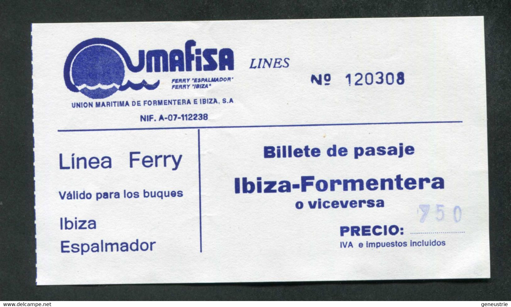 Ticket Ferry Liaison Ibiza - Formentera - Iles Des Baléares - Espagne - Compagnie Des Ferries Umafisa - Europa