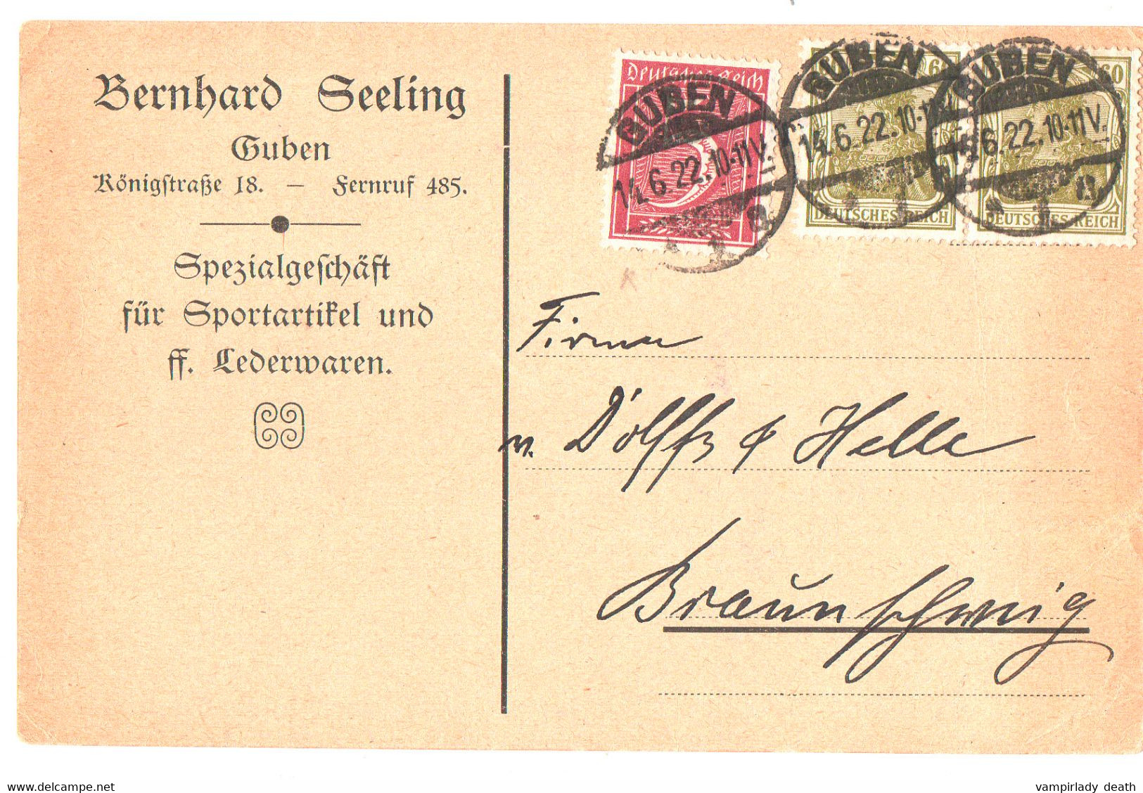 Postkarte, Guben, "Bernhard Seeling Lederwaren", Gel. 1922, MeF, Nach Braunschweig - Brieven En Documenten